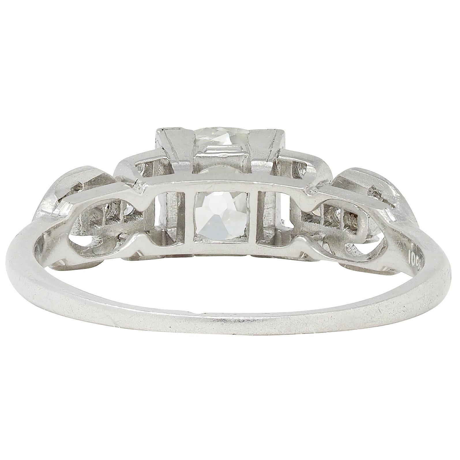 Women's Art Deco 1.56 CTW Old Mine Cut Diamond Platinum Vintage Buckle Engagement Ring For Sale