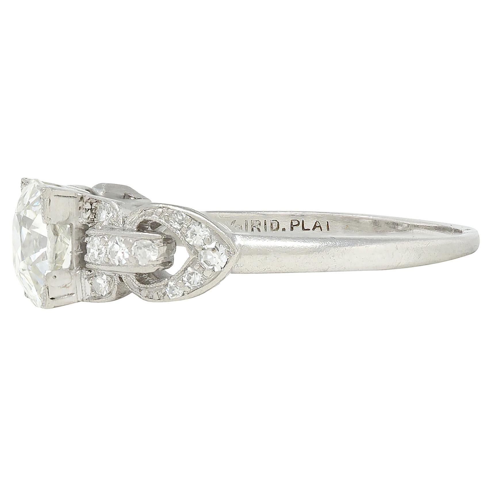 Art Deco 1.56 CTW Old Mine Cut Diamond Platinum Vintage Buckle Engagement Ring For Sale 1