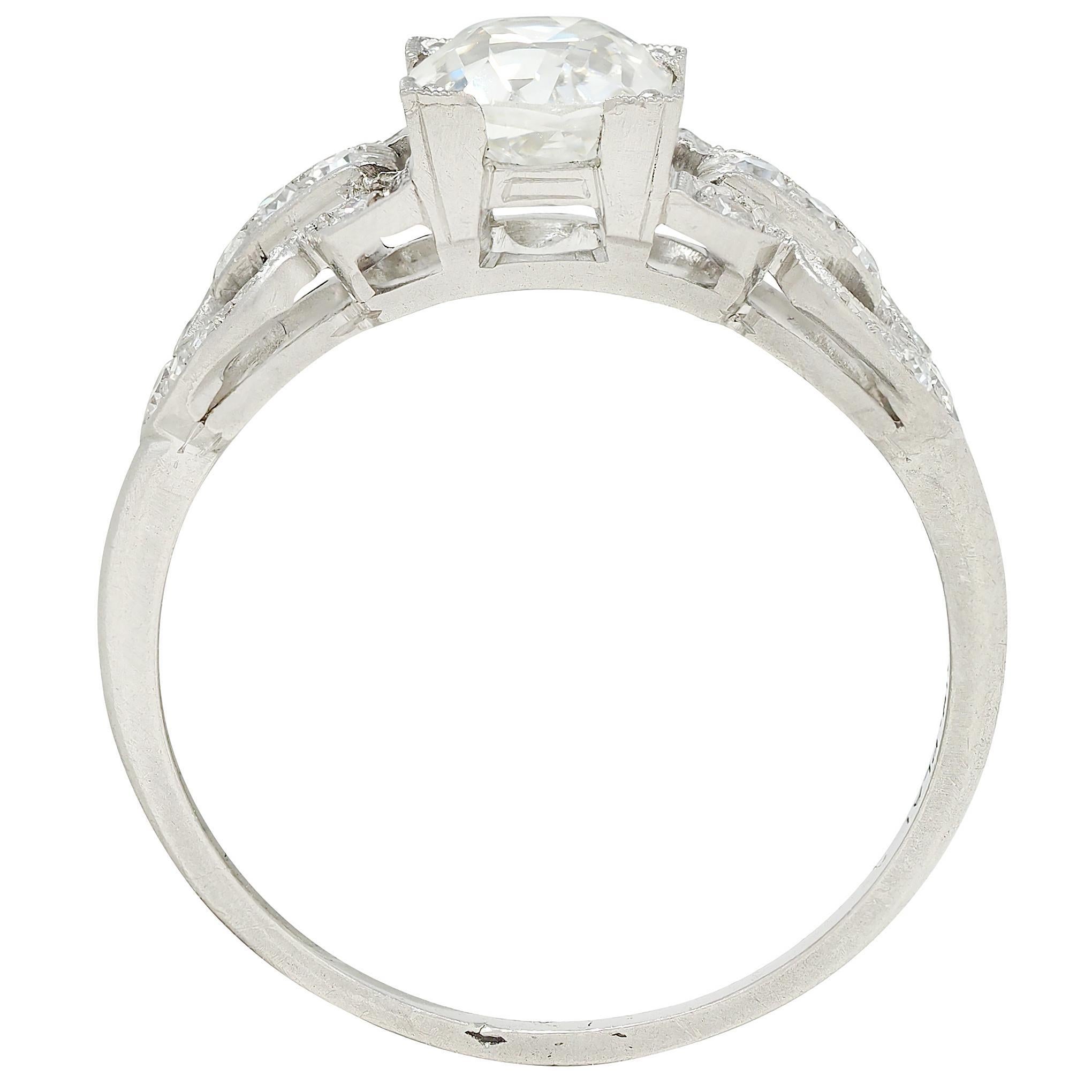 Art Deco 1.56 CTW Old Mine Cut Diamond Platinum Vintage Buckle Engagement Ring For Sale 2