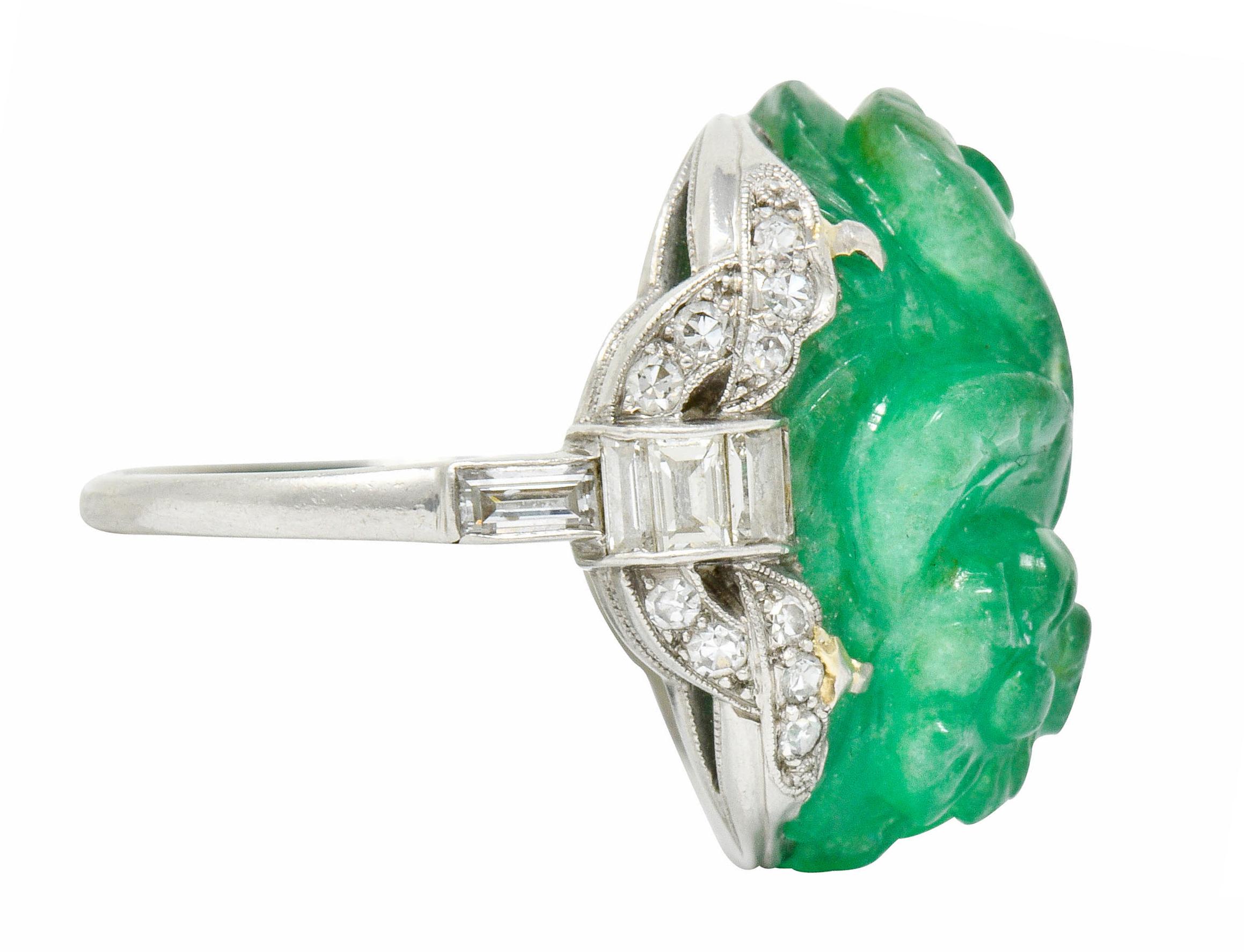 Mixed Cut Art Deco 15.60 Carat Carved Colombian Emerald Diamond Platinum Cocktail Ring
