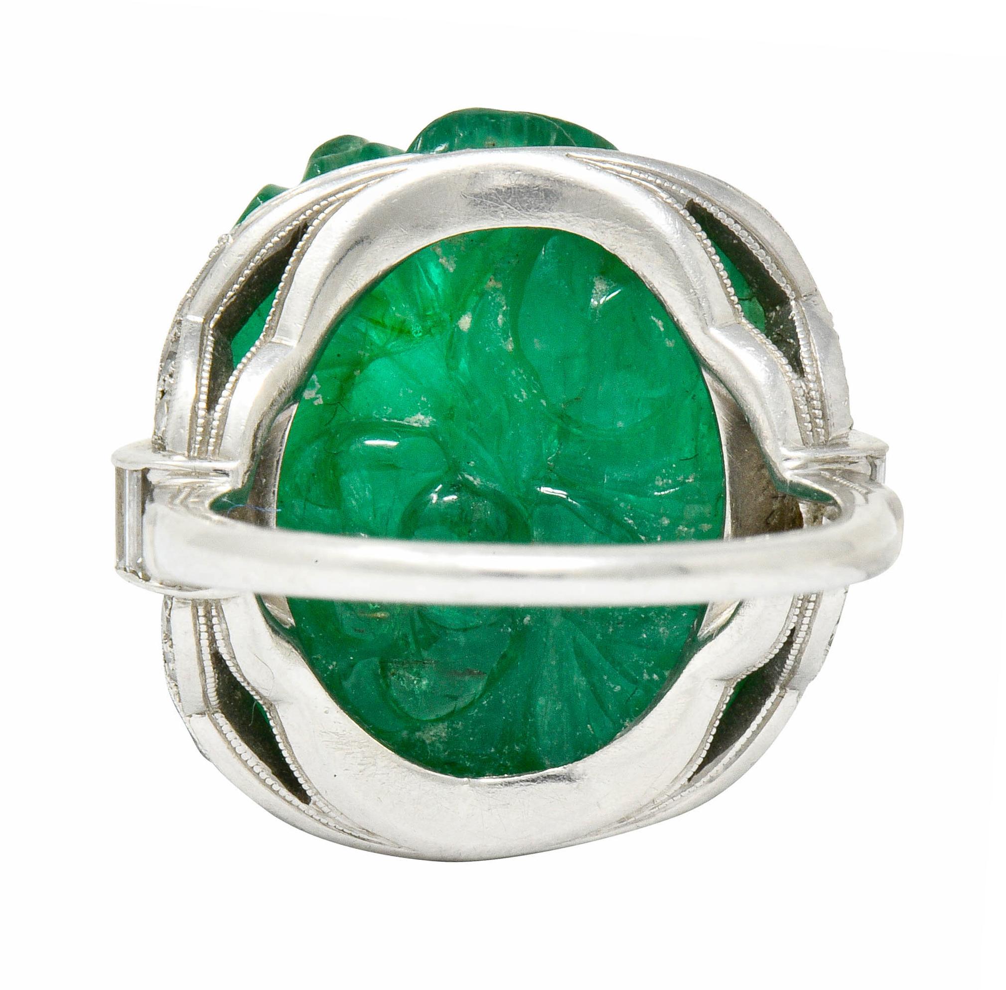 Art Deco 15.60 Carat Carved Colombian Emerald Diamond Platinum Cocktail Ring In Excellent Condition In Philadelphia, PA