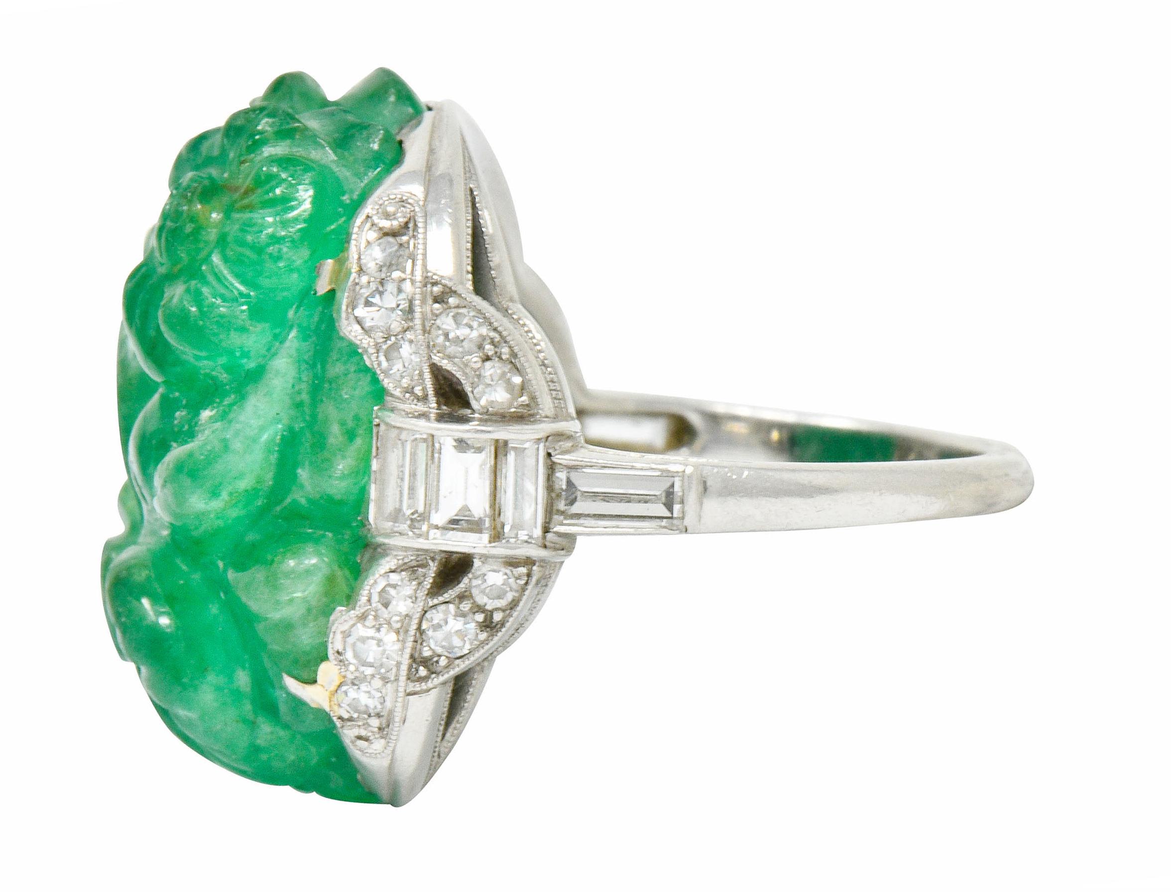 Women's or Men's Art Deco 15.60 Carat Carved Colombian Emerald Diamond Platinum Cocktail Ring