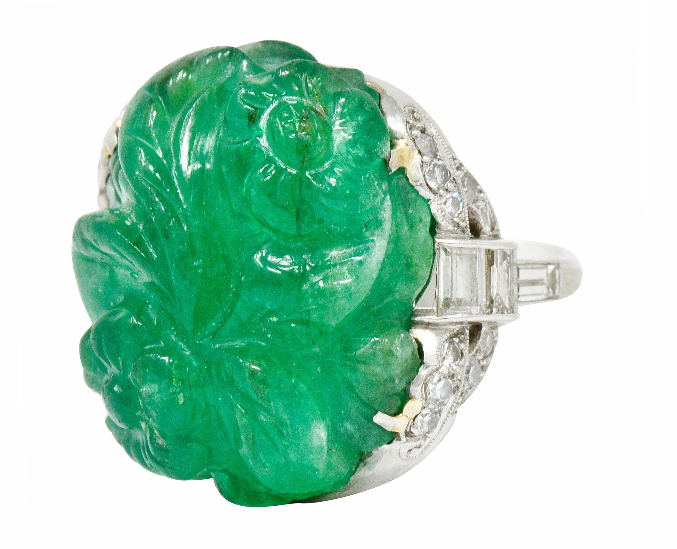 Art Deco 15.60 Carat Carved Colombian Emerald Diamond Platinum Cocktail Ring 1
