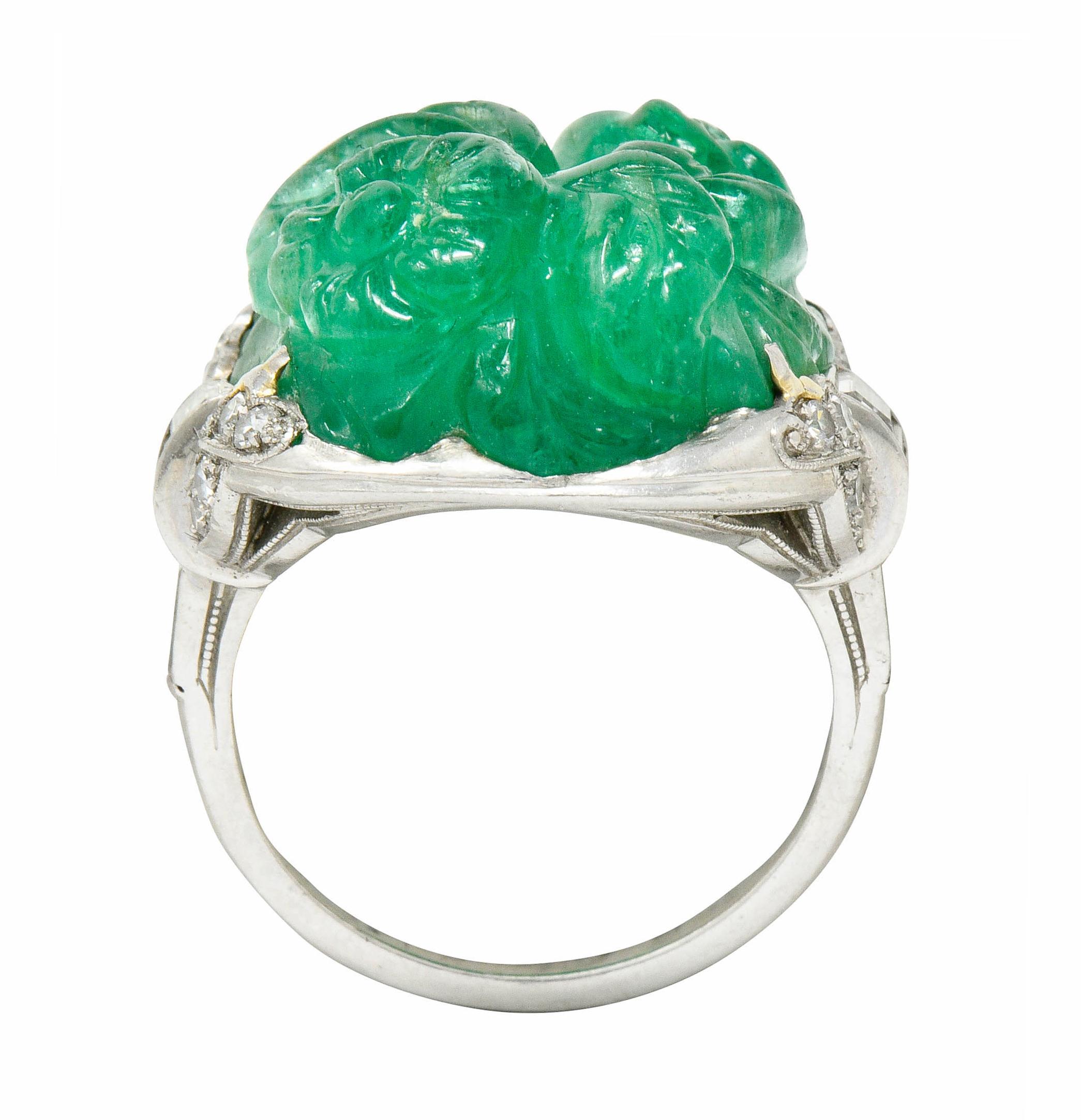 Art Deco 15.60 Carat Carved Colombian Emerald Diamond Platinum Cocktail Ring 3