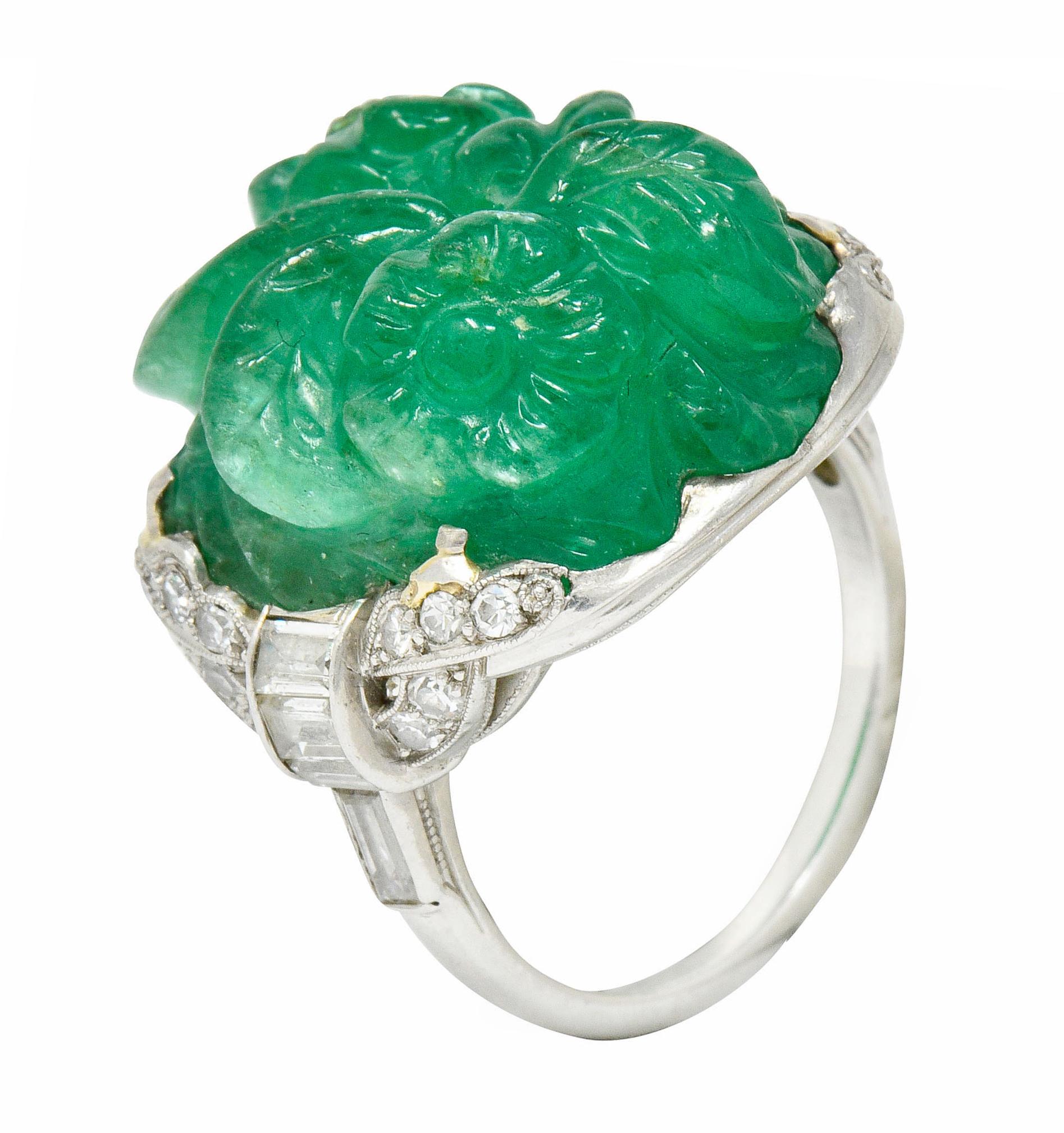 Art Deco 15.60 Carat Carved Colombian Emerald Diamond Platinum Cocktail Ring 4