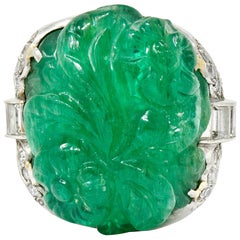 Art Deco 15.60 Carat Carved Colombian Emerald Diamond Platinum Cocktail Ring