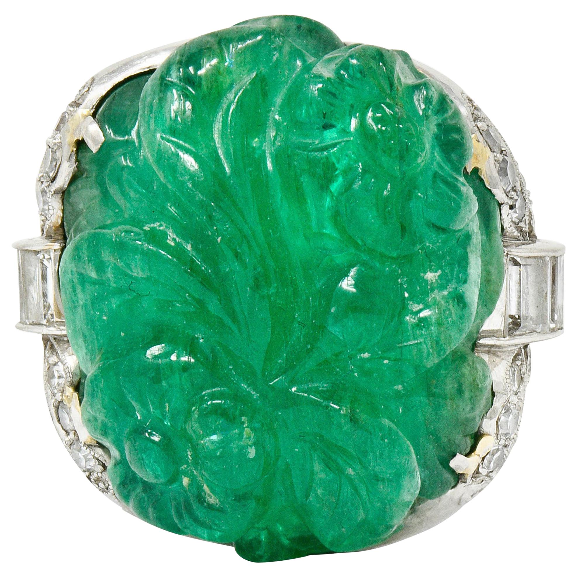 Art Deco 15.60 Carat Carved Colombian Emerald Diamond Platinum Cocktail Ring