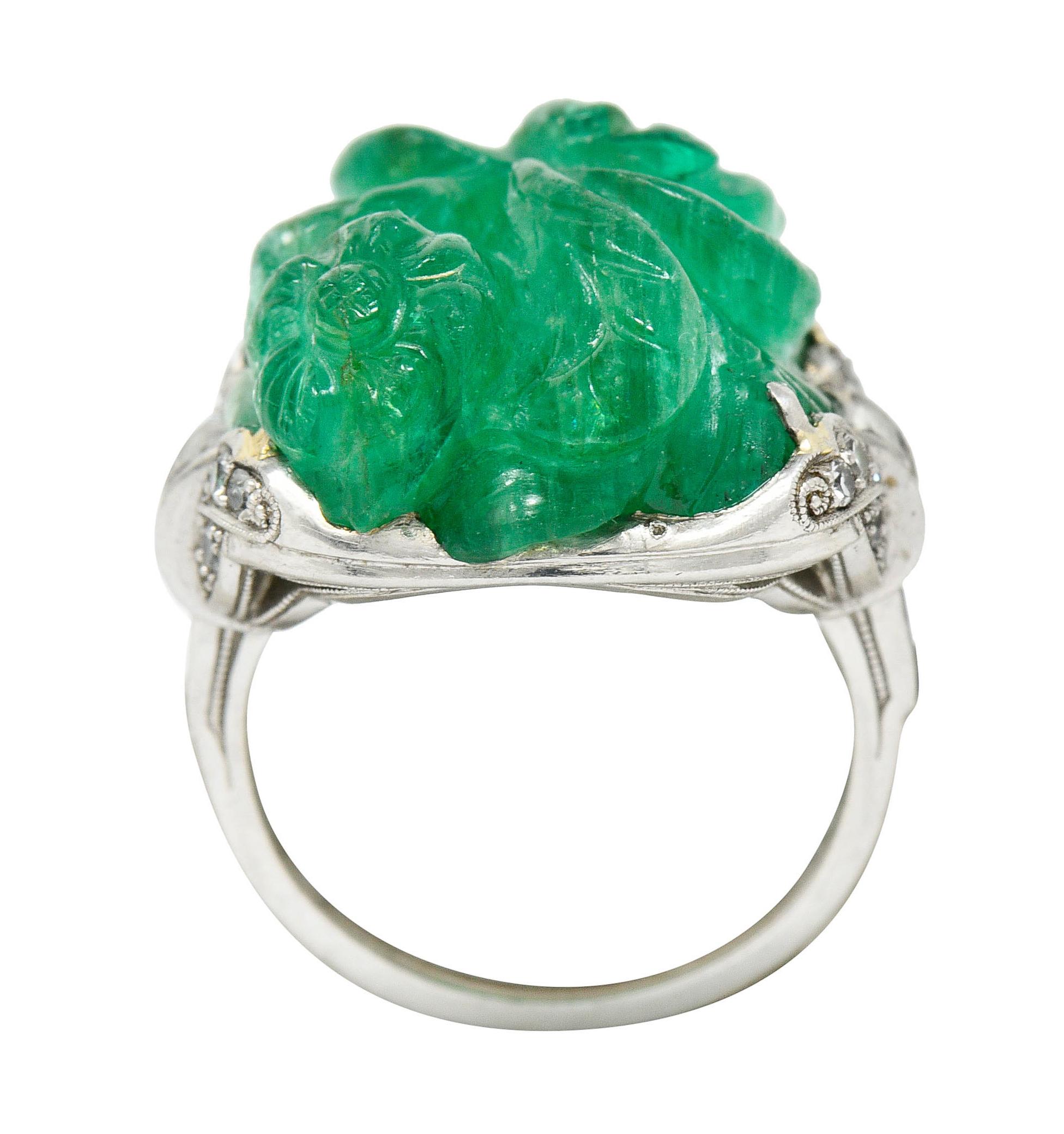Art Deco 15.60 Carats Carved Colombian Emerald Diamond Platinum Cocktail Ring 5
