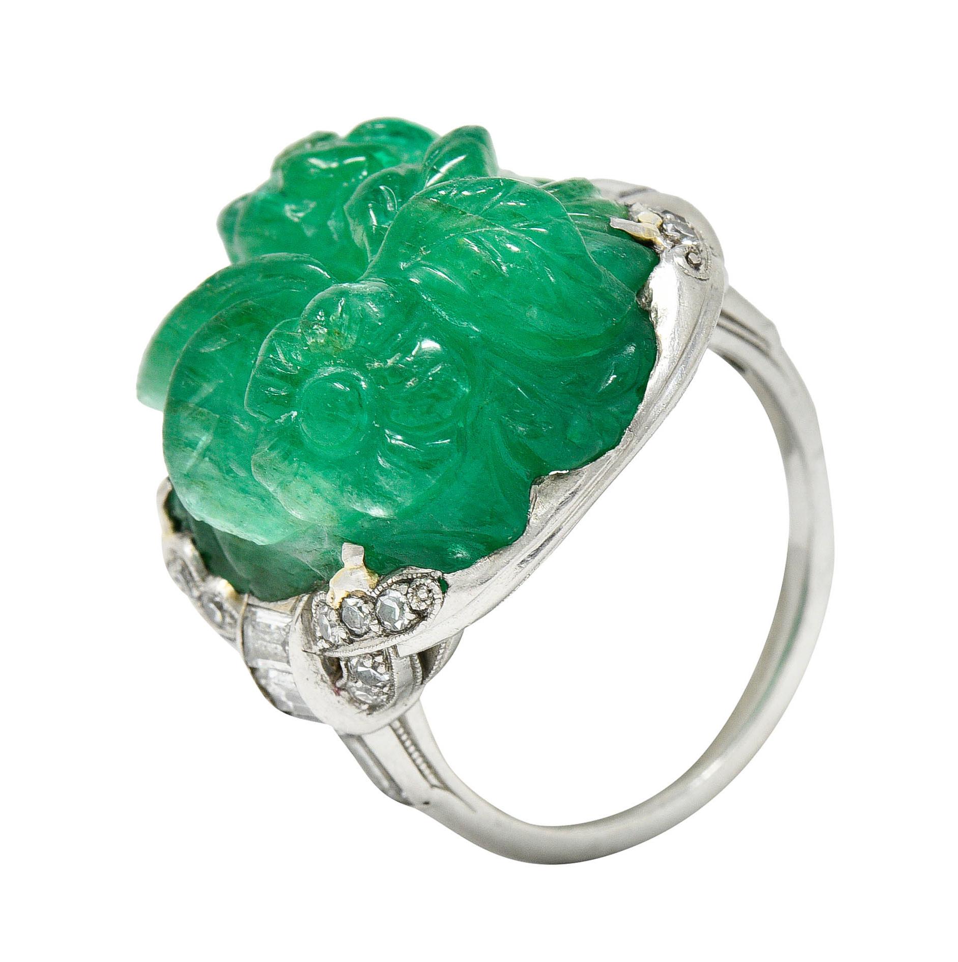 Art Deco 15.60 Carats Carved Colombian Emerald Diamond Platinum Cocktail Ring 6