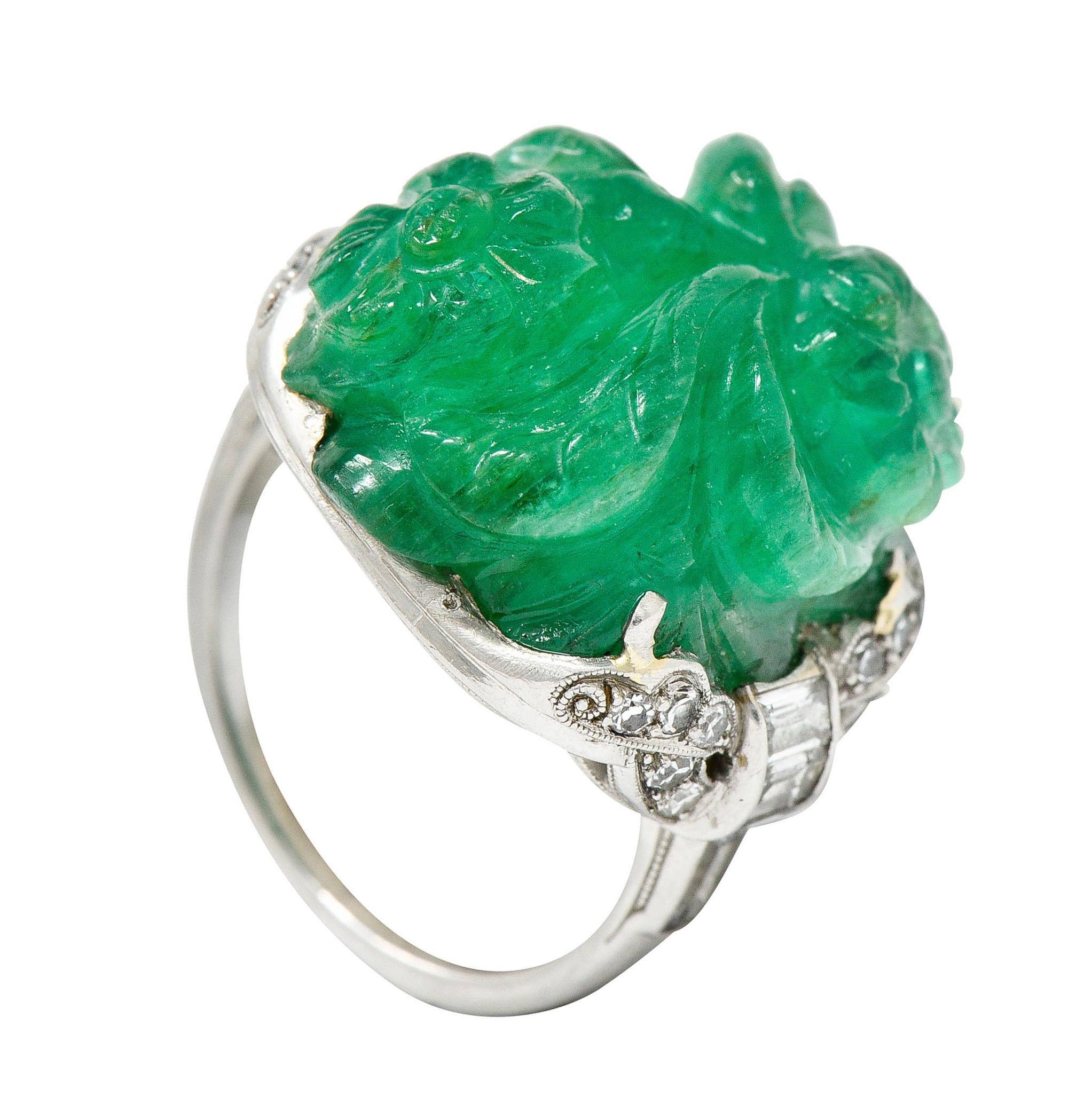 Art Deco 15.60 Carats Carved Colombian Emerald Diamond Platinum Cocktail Ring 7