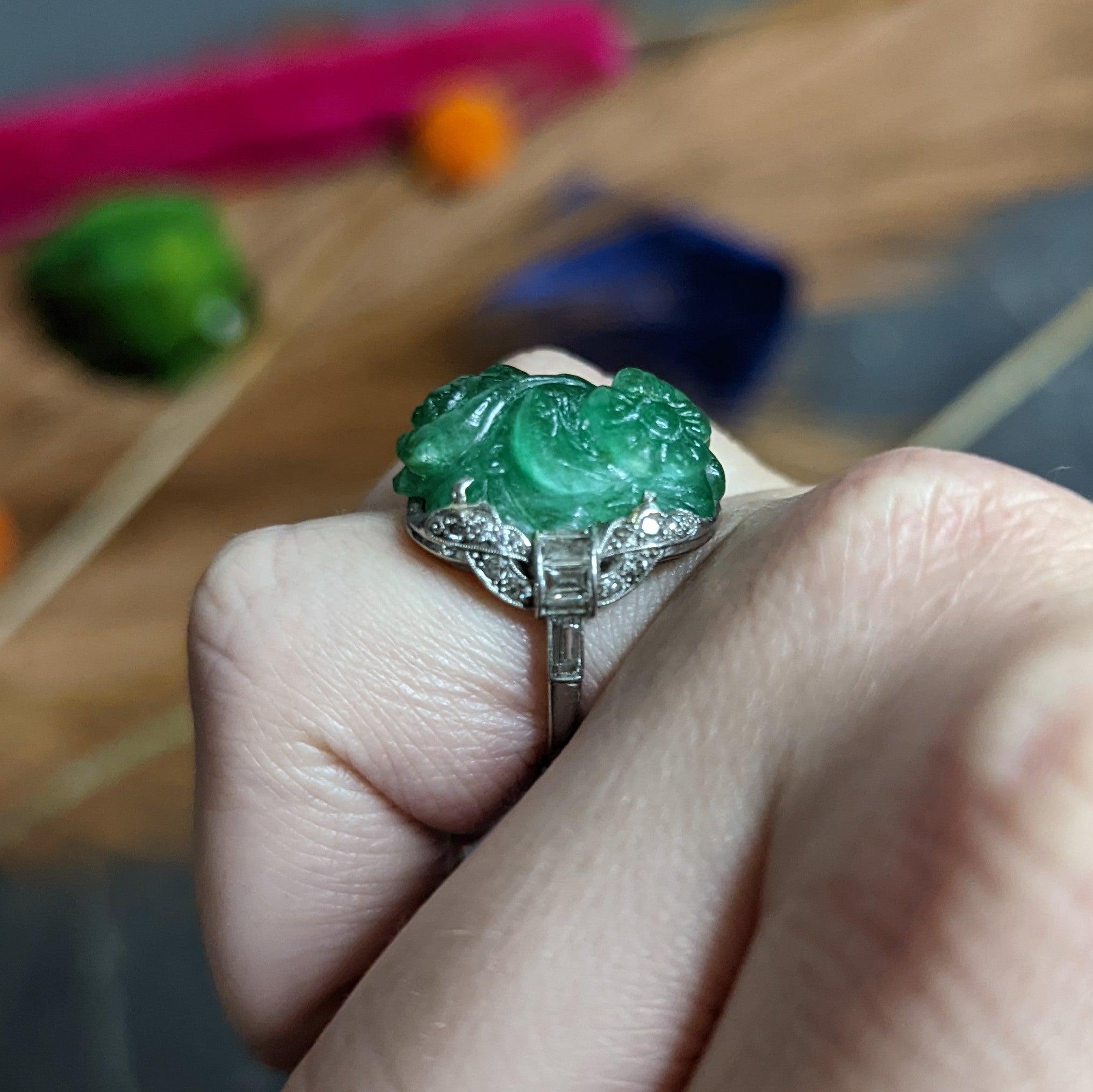 Art Deco 15.60 Carats Carved Colombian Emerald Diamond Platinum Cocktail Ring 9