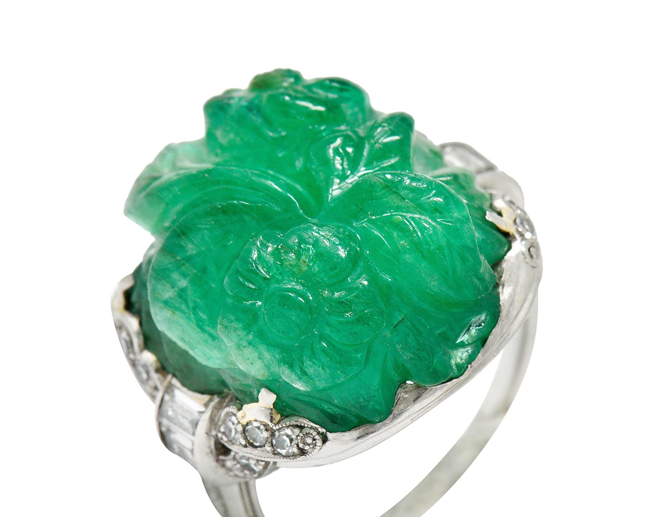 Mixed Cut Art Deco 15.60 Carats Carved Colombian Emerald Diamond Platinum Cocktail Ring