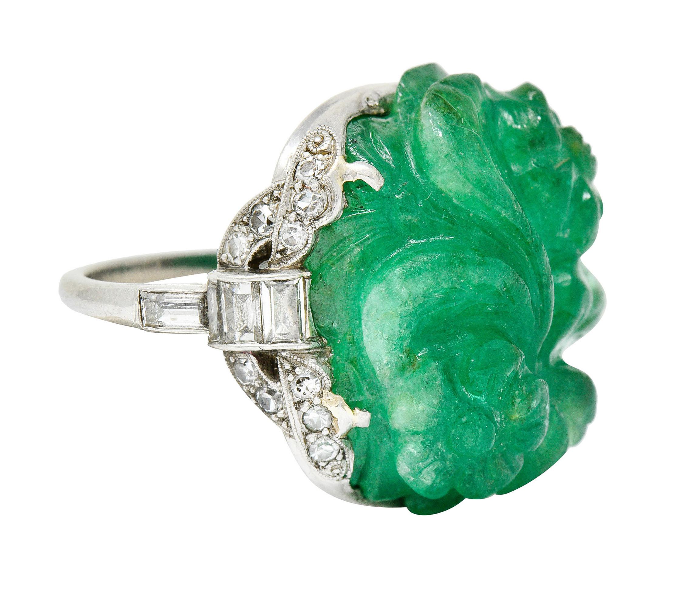 Art Deco 15.60 Carats Carved Colombian Emerald Diamond Platinum Cocktail Ring In Excellent Condition In Philadelphia, PA