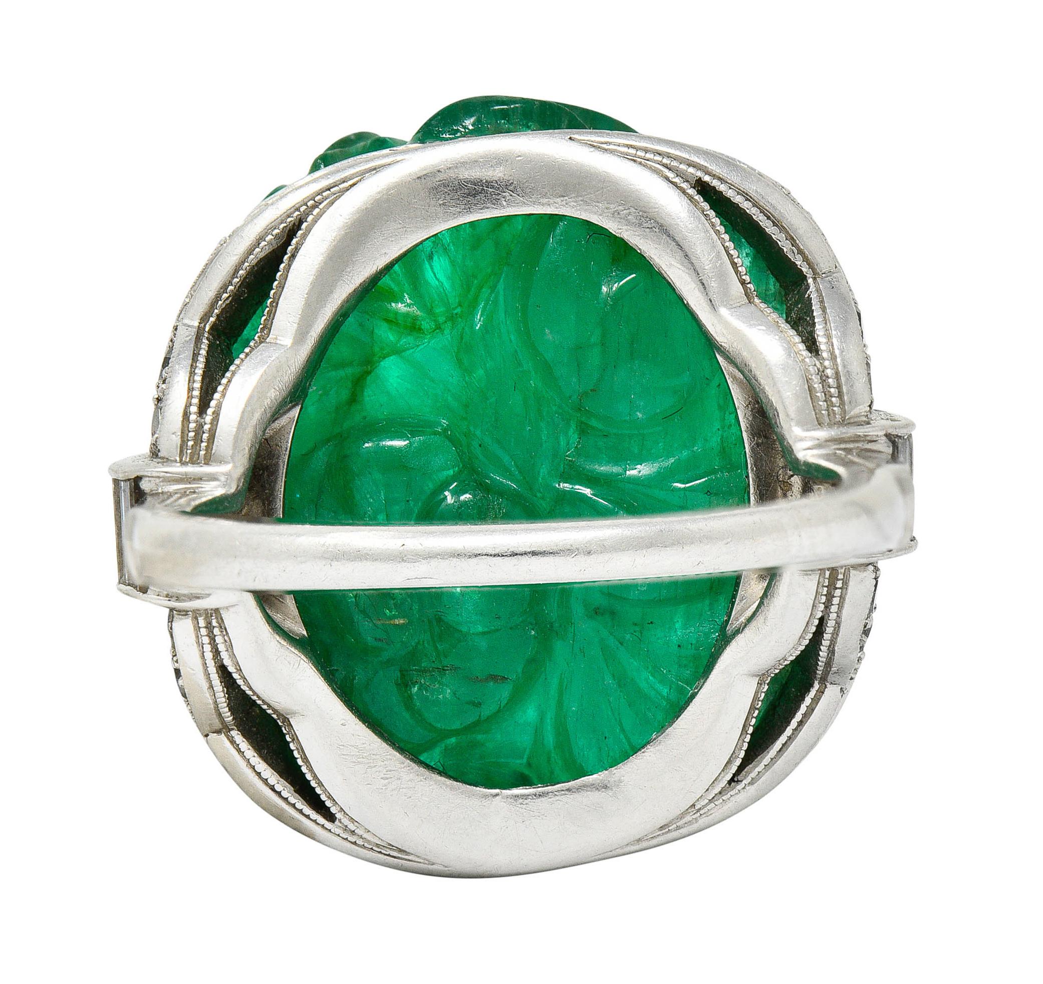 Art Deco 15.60 Carats Carved Colombian Emerald Diamond Platinum Cocktail Ring 1