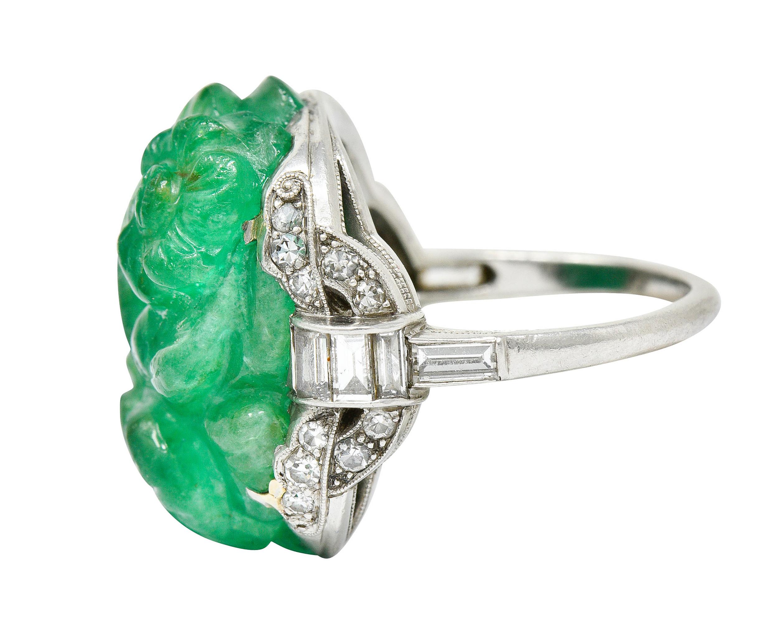 Art Deco 15.60 Carats Carved Colombian Emerald Diamond Platinum Cocktail Ring 2
