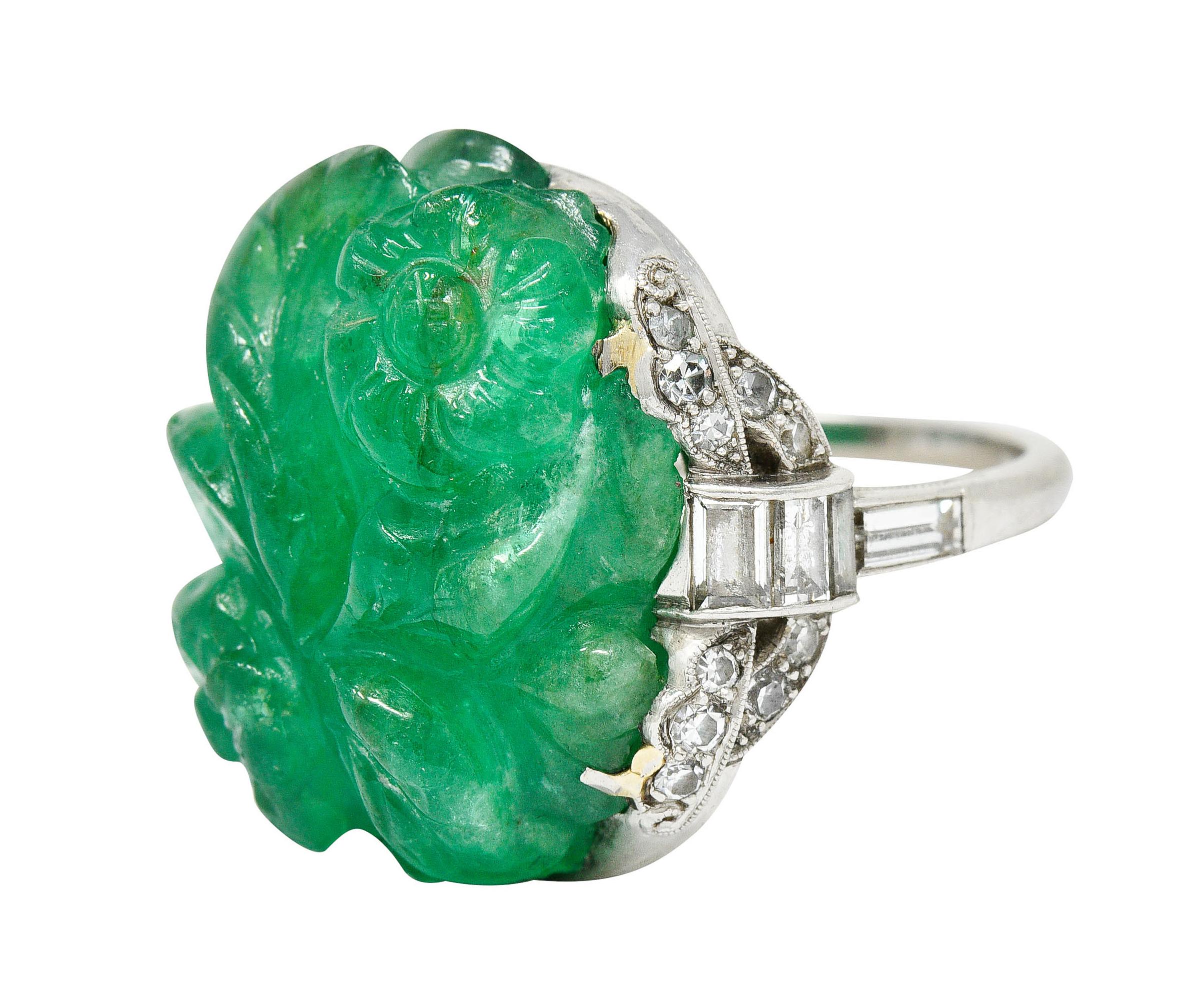 Art Deco 15.60 Carats Carved Colombian Emerald Diamond Platinum Cocktail Ring 3
