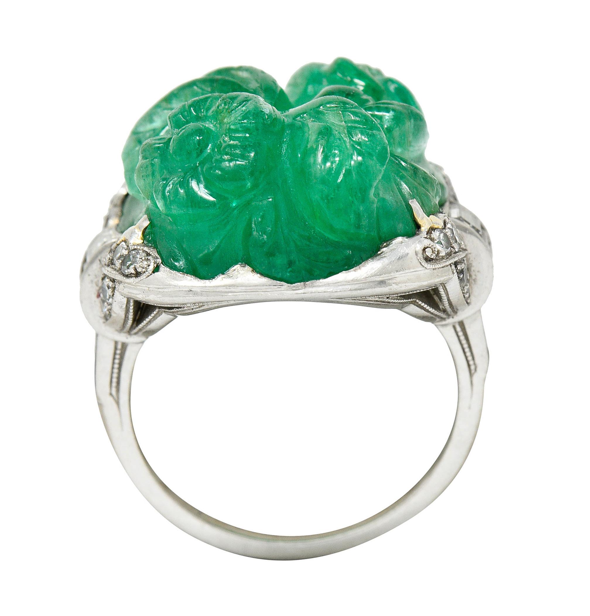 Art Deco 15.60 Carats Carved Colombian Emerald Diamond Platinum Cocktail Ring 4