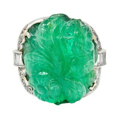 Art Deco 15.60 Carats Carved Colombian Emerald Diamond Platinum Cocktail Ring