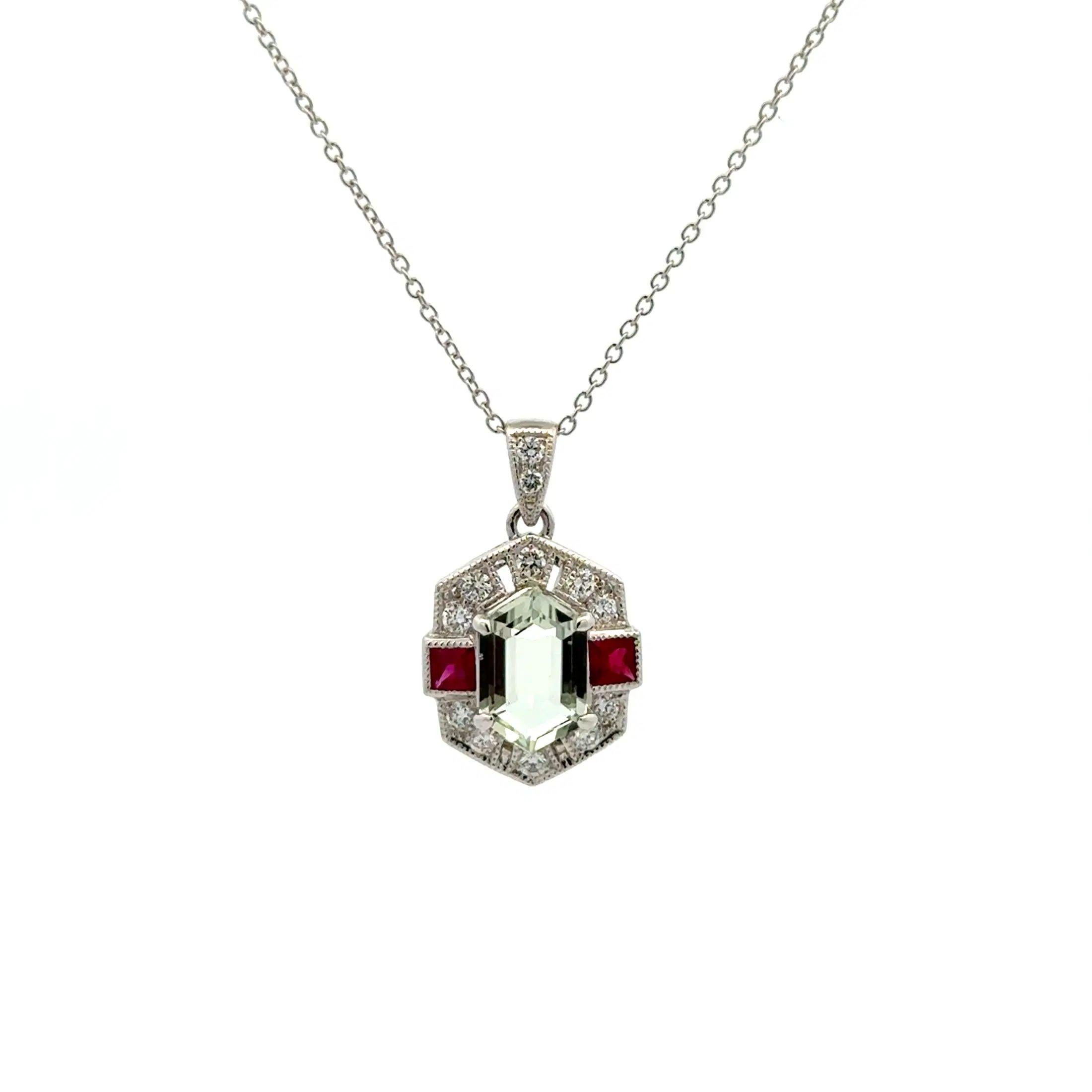 Taille mixte Art of Vintage - Collier pendentif en or avec aigue-marine, rubis et diamants de 1,57 carat en vente