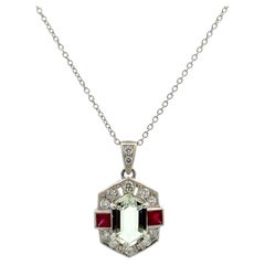 Art Deco 1.57 Carat Aquamarine, Ruby and Diamond Gold Vintage Pendant Necklace