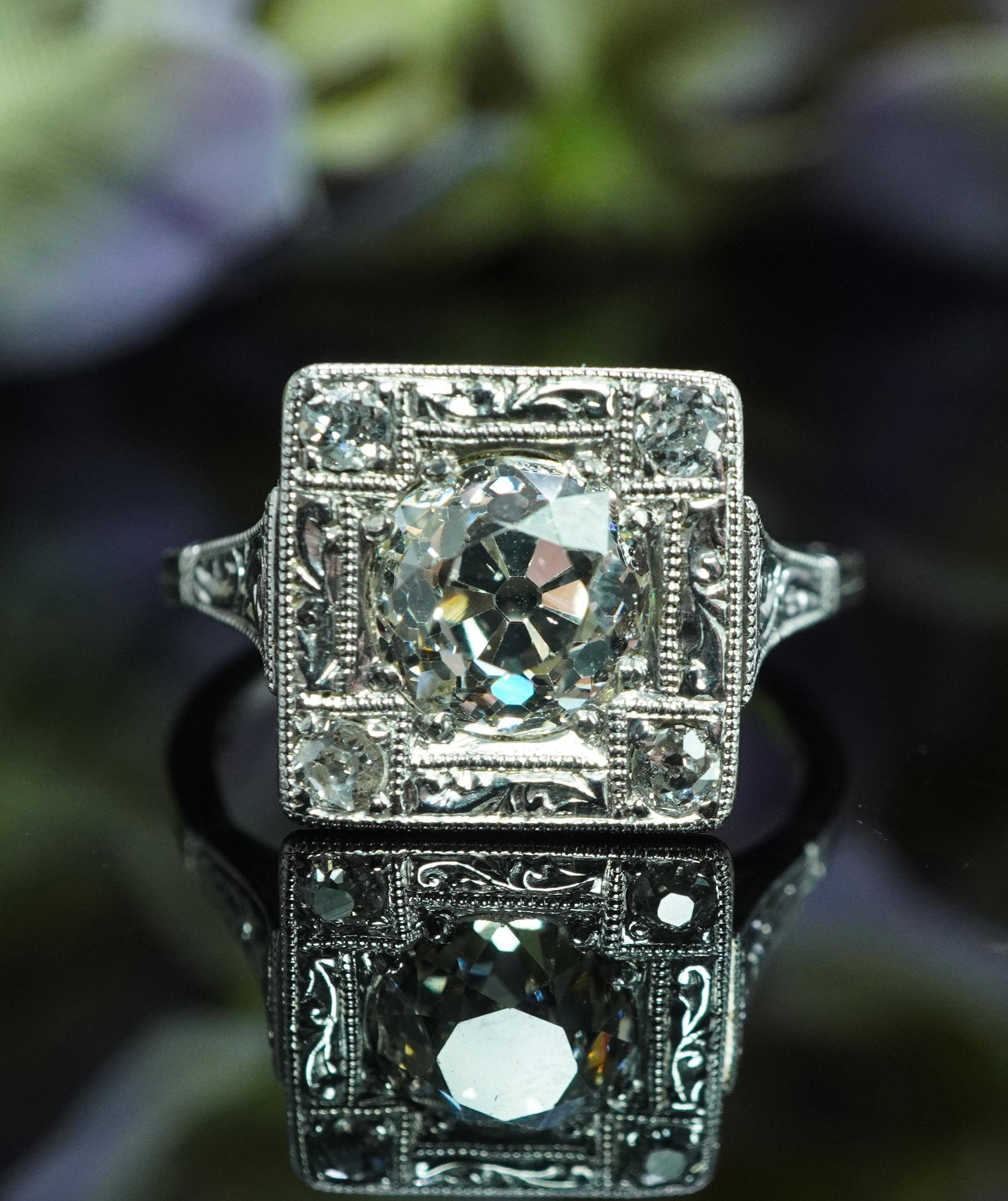 Art Deco ART DECO 1.57ct center Old European Diamond Platinum Engagement Ring Appraisal For Sale