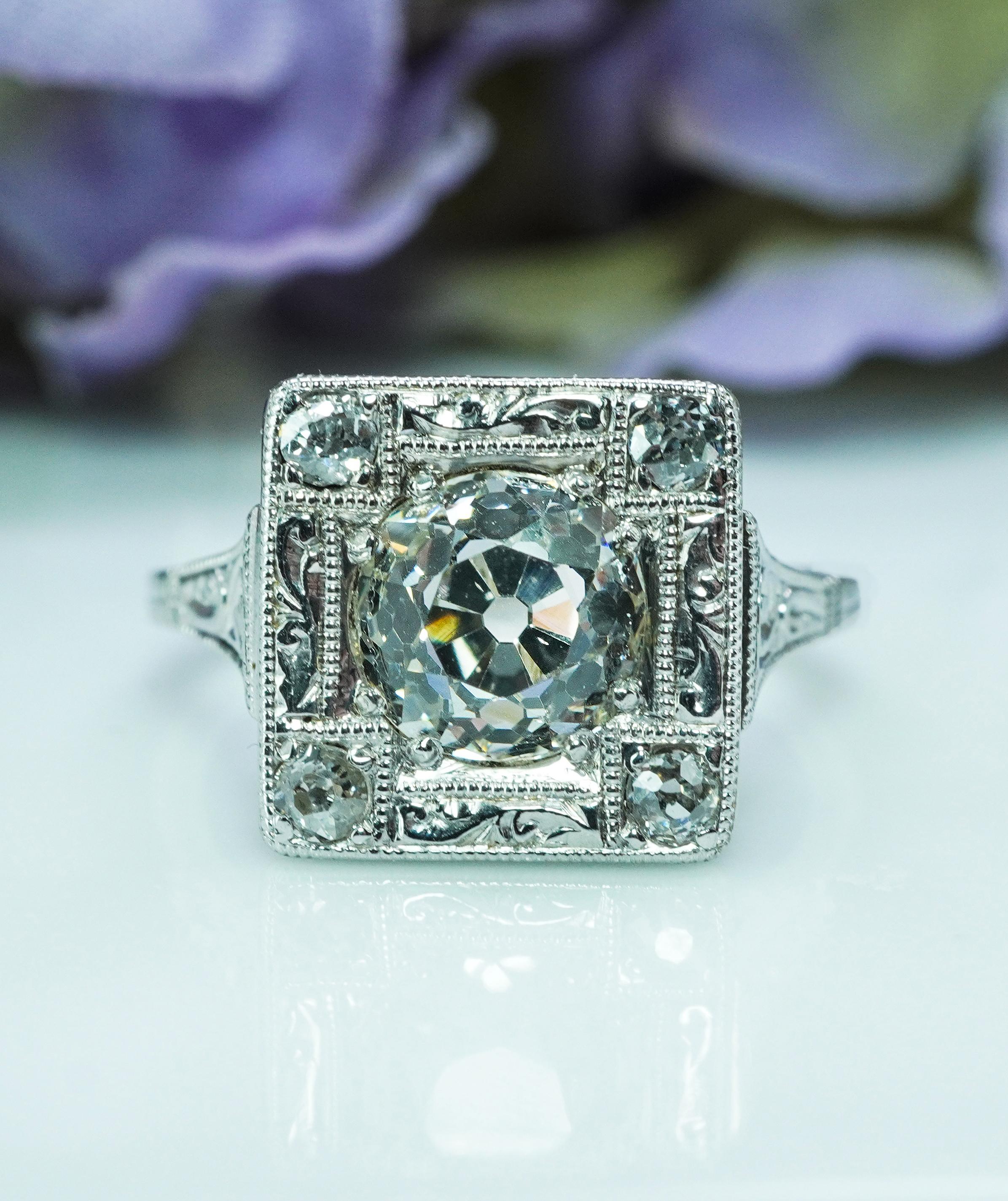 Old European Cut ART DECO 1.57ct center Old European Diamond Platinum Engagement Ring Appraisal For Sale