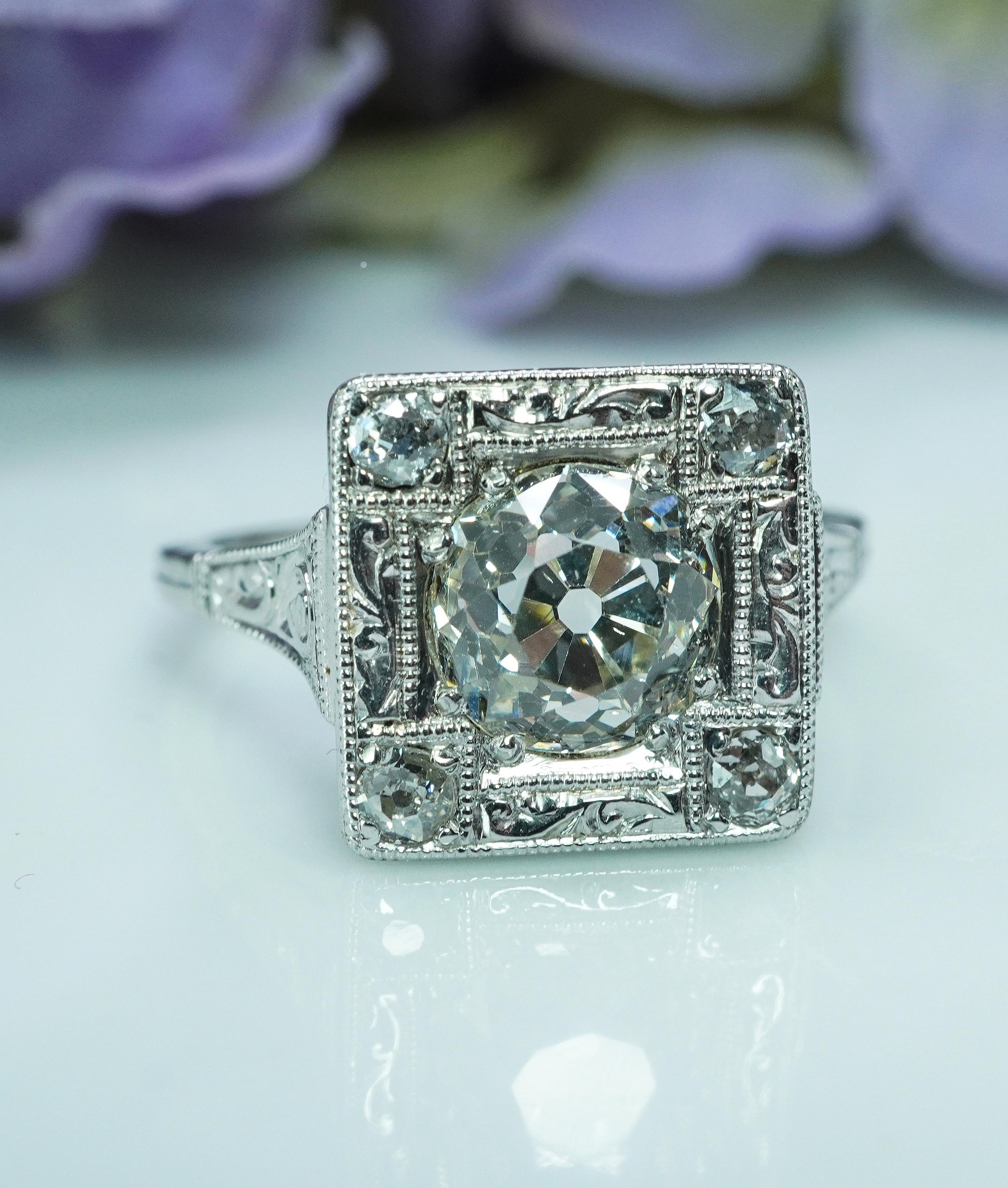 ART DECO 1.57ct center Old European Diamond Platinum Engagement Ring Appraisal For Sale 1
