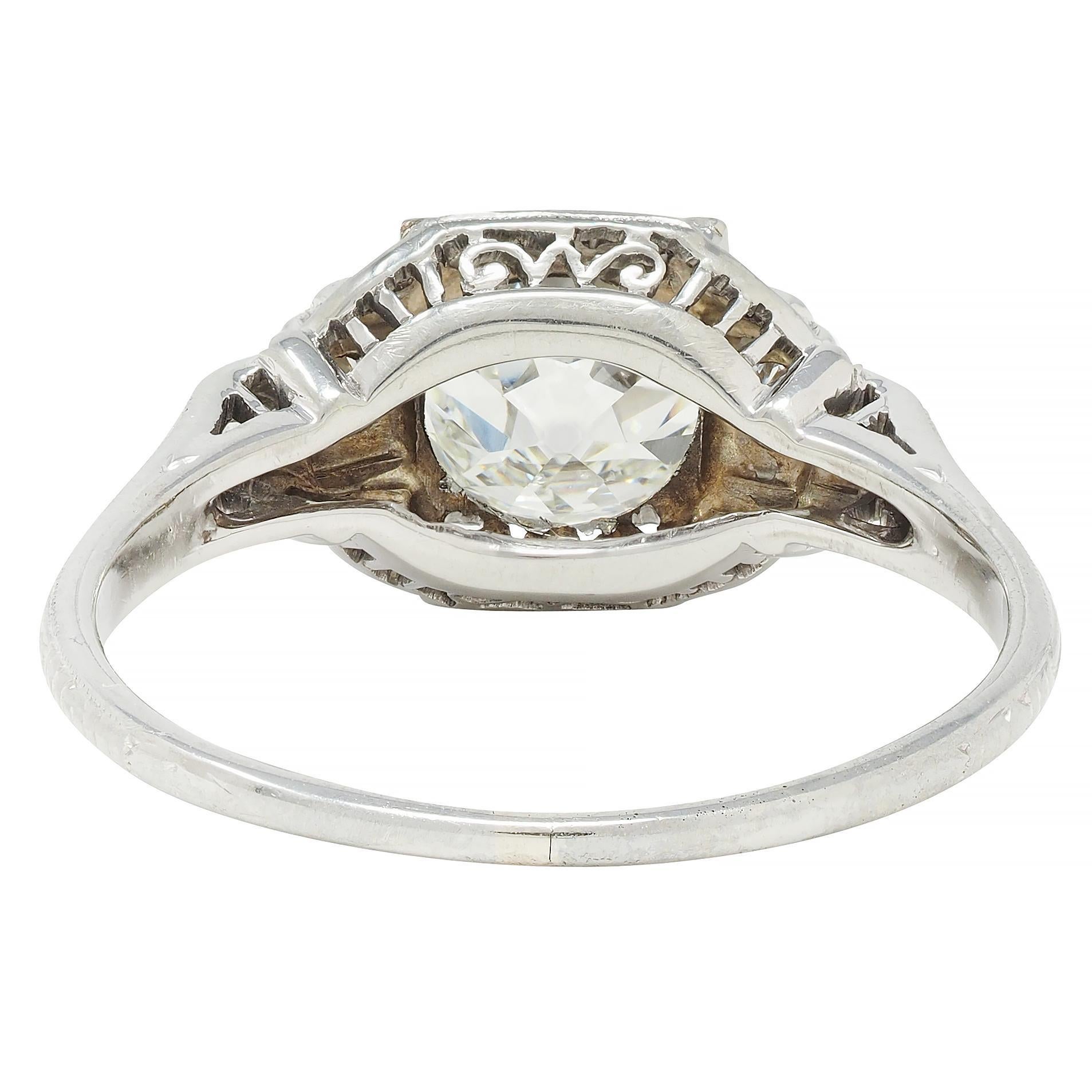 Art Deco 1.58 CTW Old Mine Diamond 18 Karat Gold Checkerboard Vintage Ring For Sale 1
