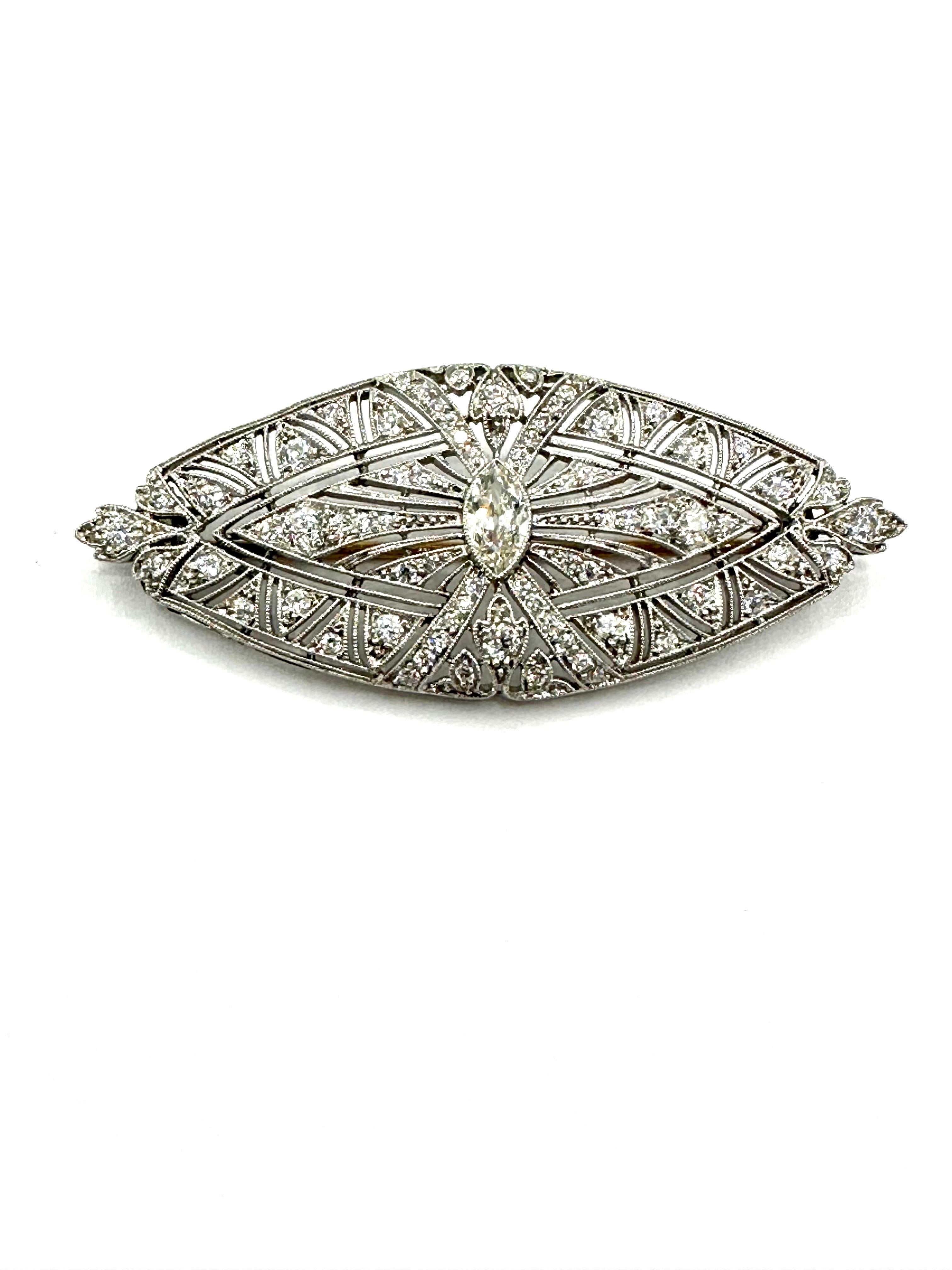 Marquise Cut Art Deco 1.59 Carat Diamond Platinum Brooch For Sale