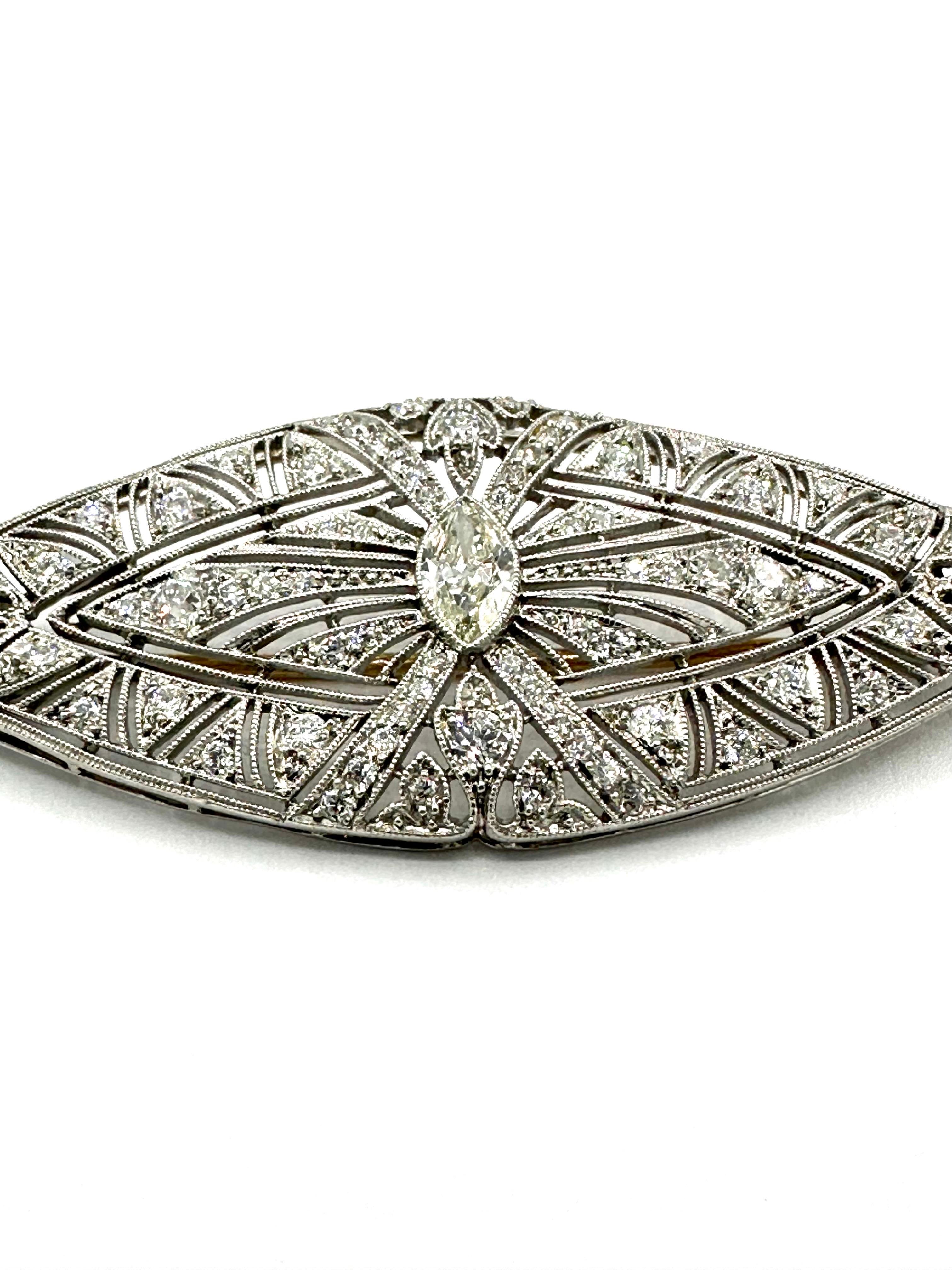 Art Deco 1.59 Carat Diamond Platinum Brooch In Excellent Condition For Sale In Chevy Chase, MD
