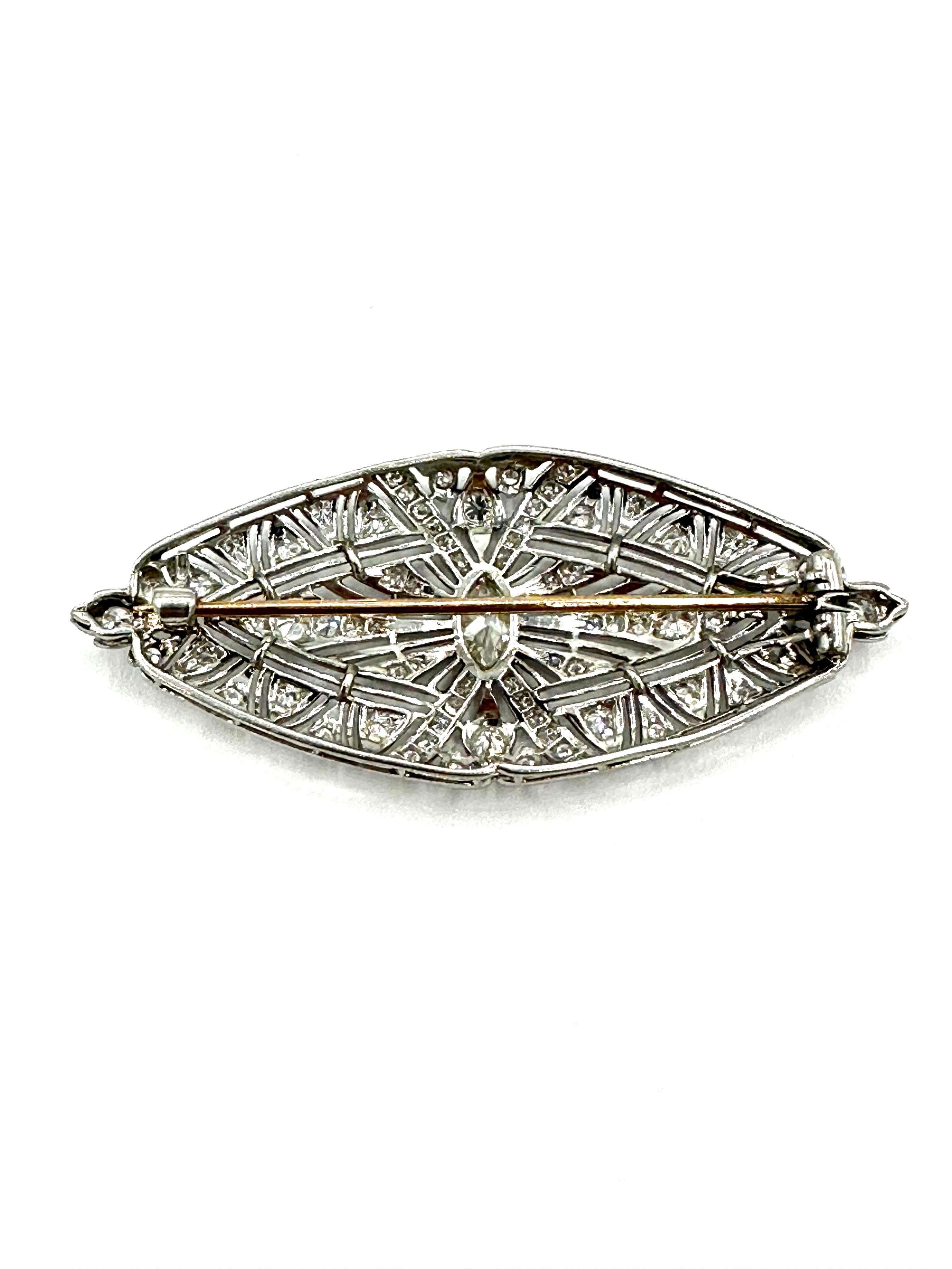 Women's or Men's Art Deco 1.59 Carat Diamond Platinum Brooch For Sale