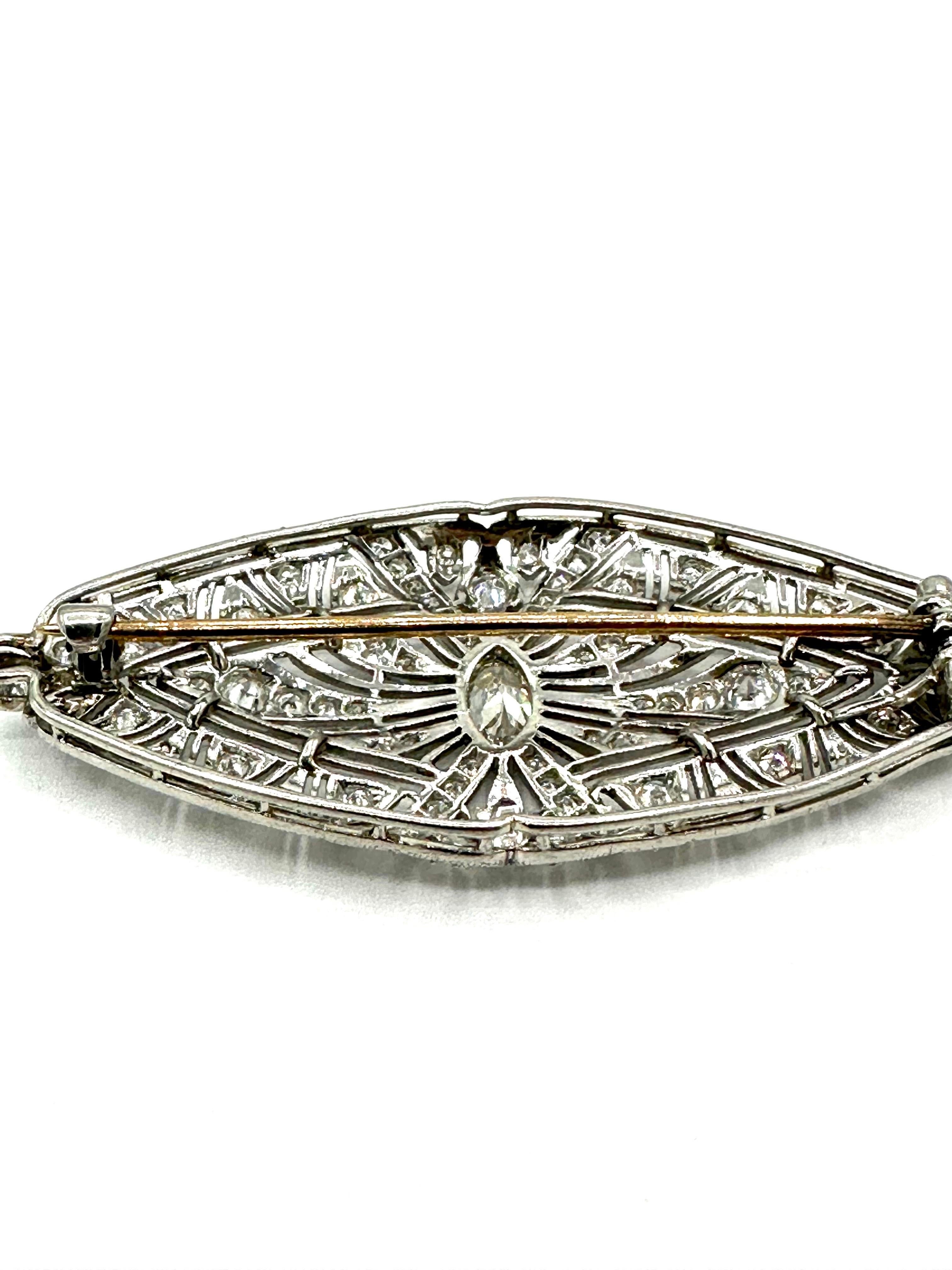 Art Deco 1.59 Carat Diamond Platinum Brooch For Sale 1