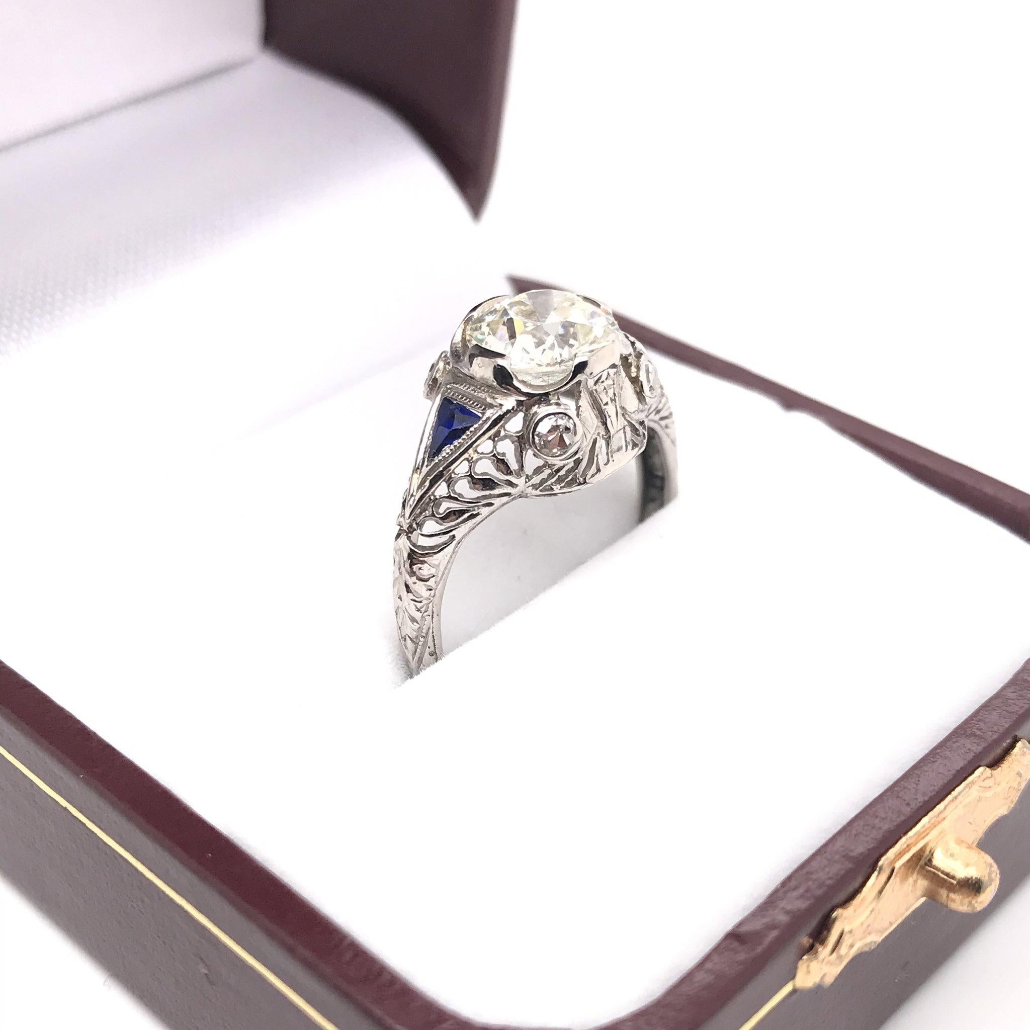 Art Deco 1.59 Carat Diamond & Sapphire Platinum Engagement Ring 6