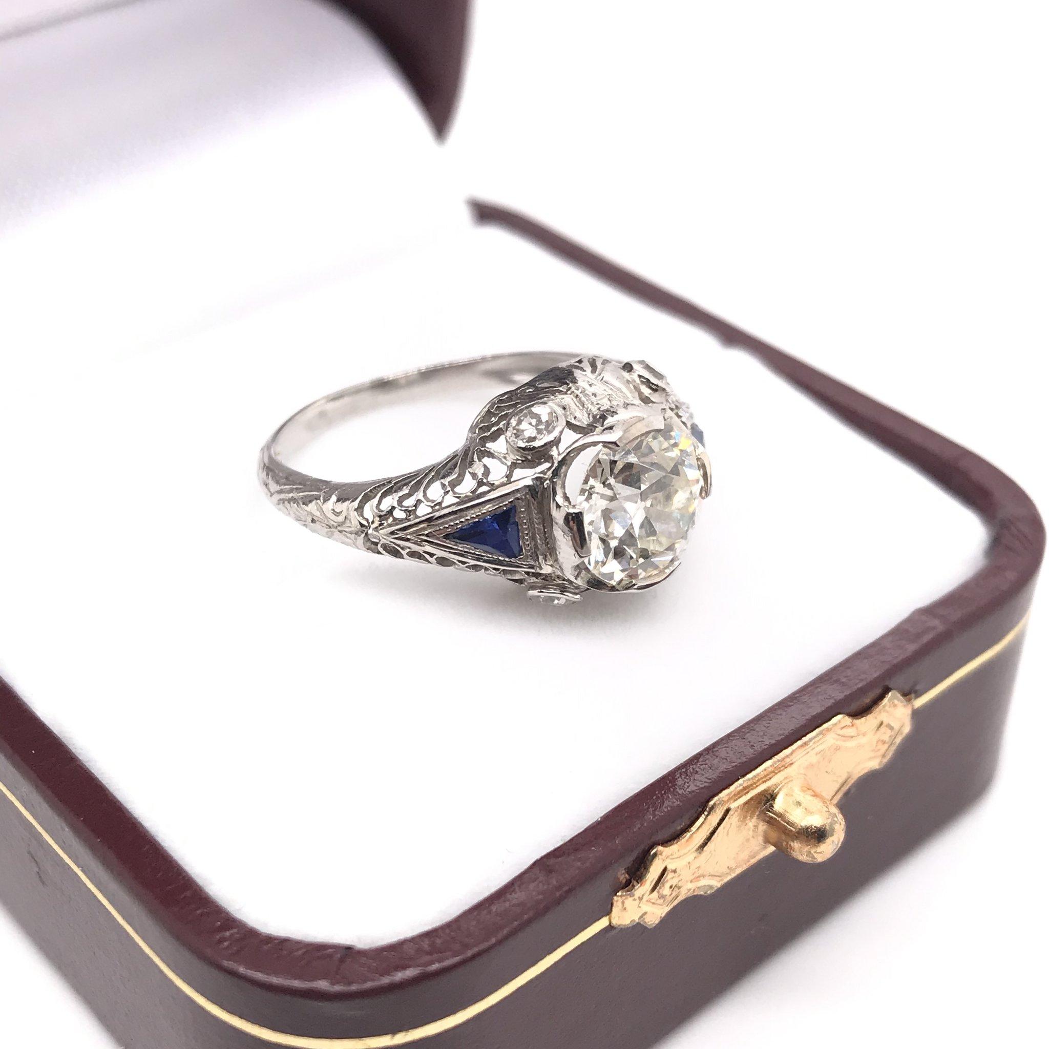 Art Deco 1.59 Carat Diamond & Sapphire Platinum Engagement Ring 9