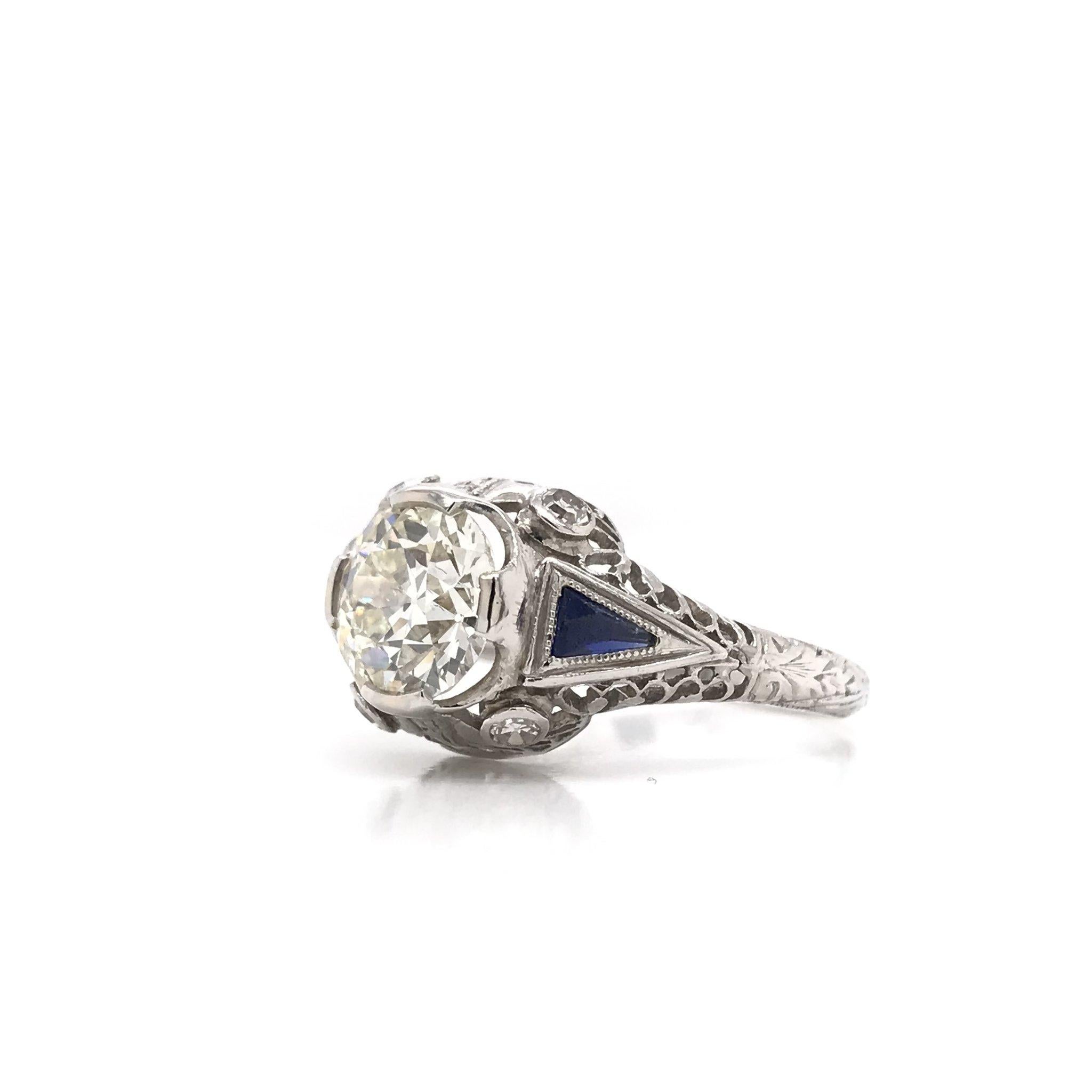 Old European Cut Art Deco 1.59 Carat Diamond & Sapphire Platinum Engagement Ring