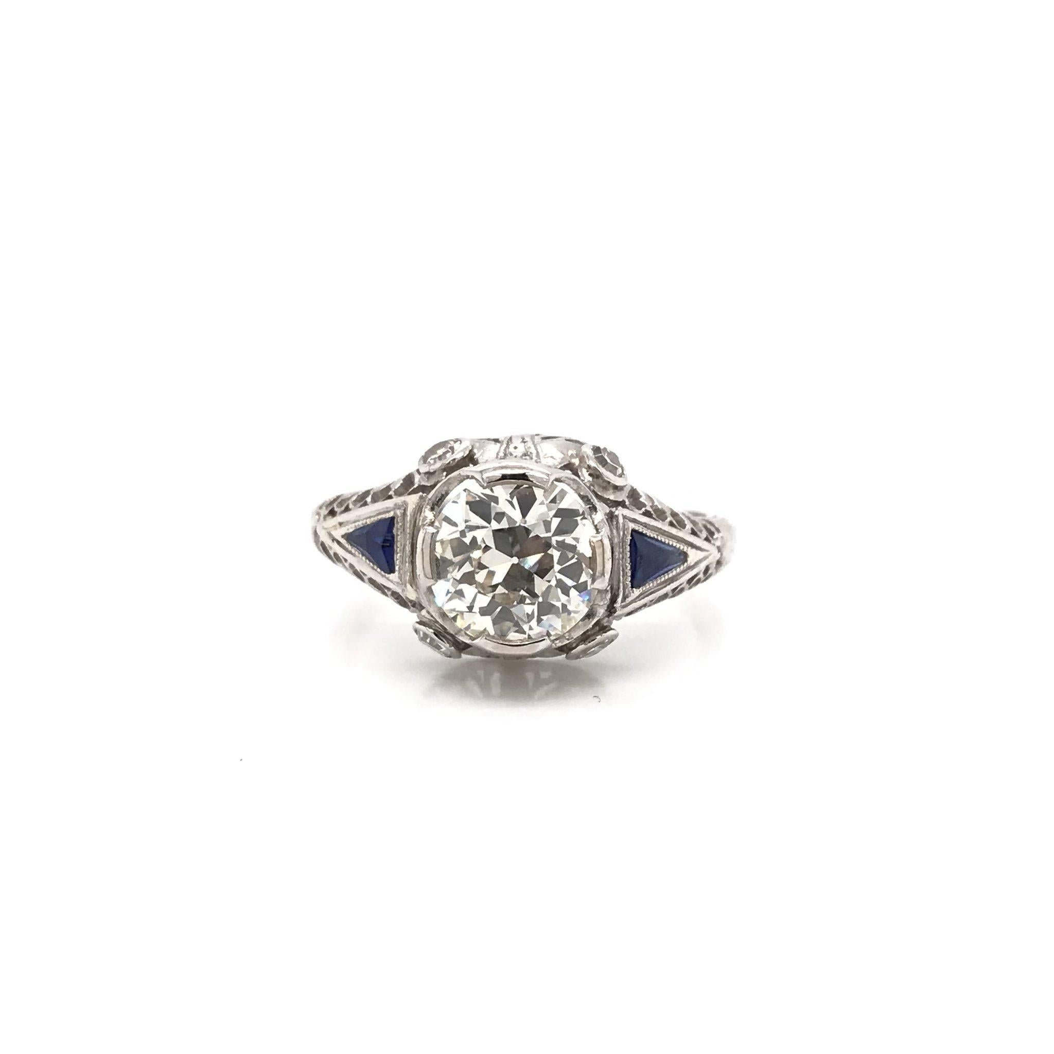 Art Deco 1.59 Carat Diamond & Sapphire Platinum Engagement Ring In Good Condition In Montgomery, AL