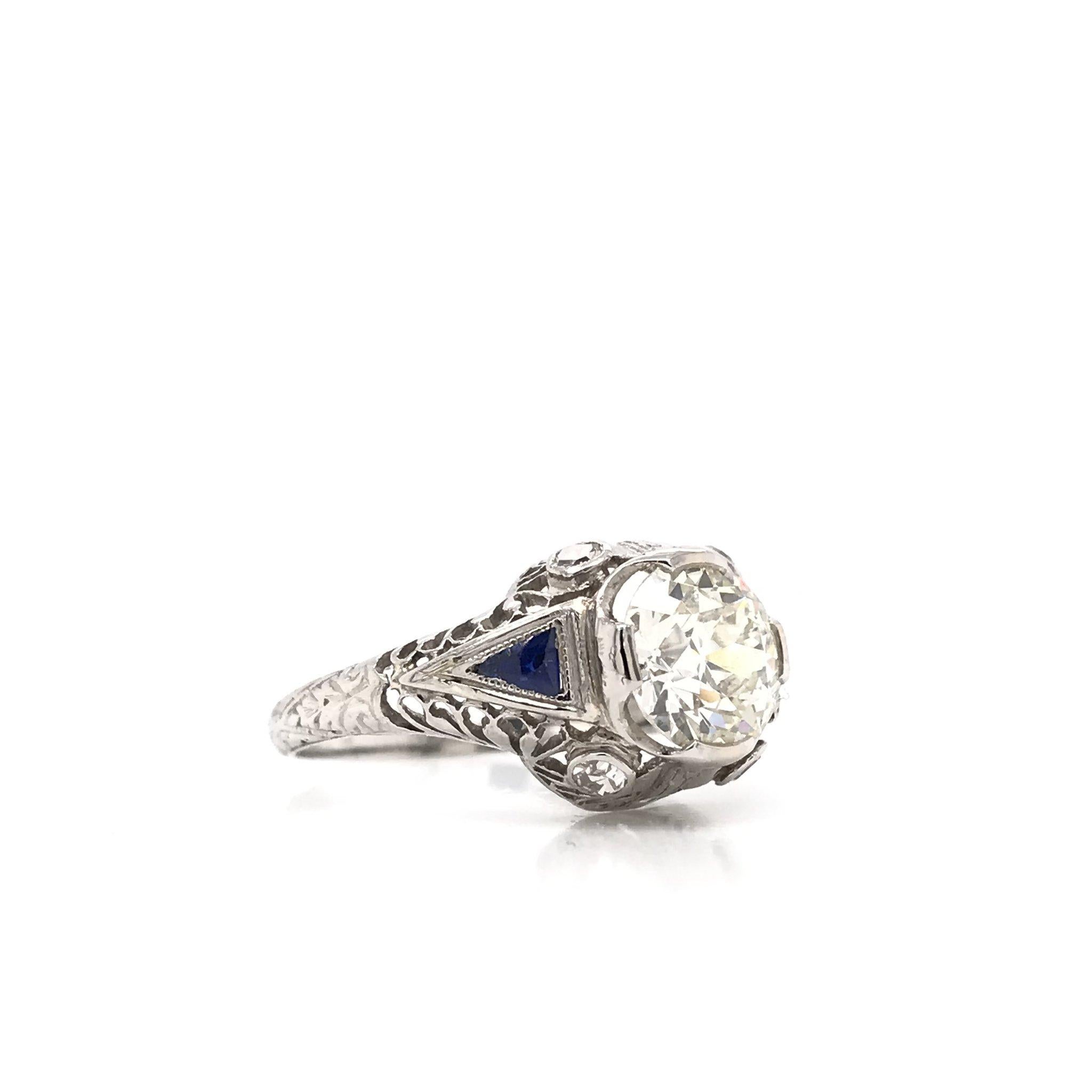Women's or Men's Art Deco 1.59 Carat Diamond & Sapphire Platinum Engagement Ring