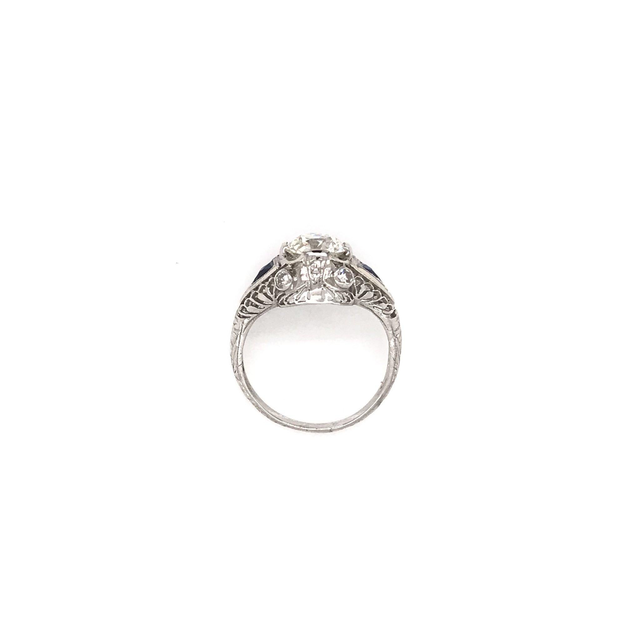 Art Deco 1.59 Carat Diamond & Sapphire Platinum Engagement Ring 1