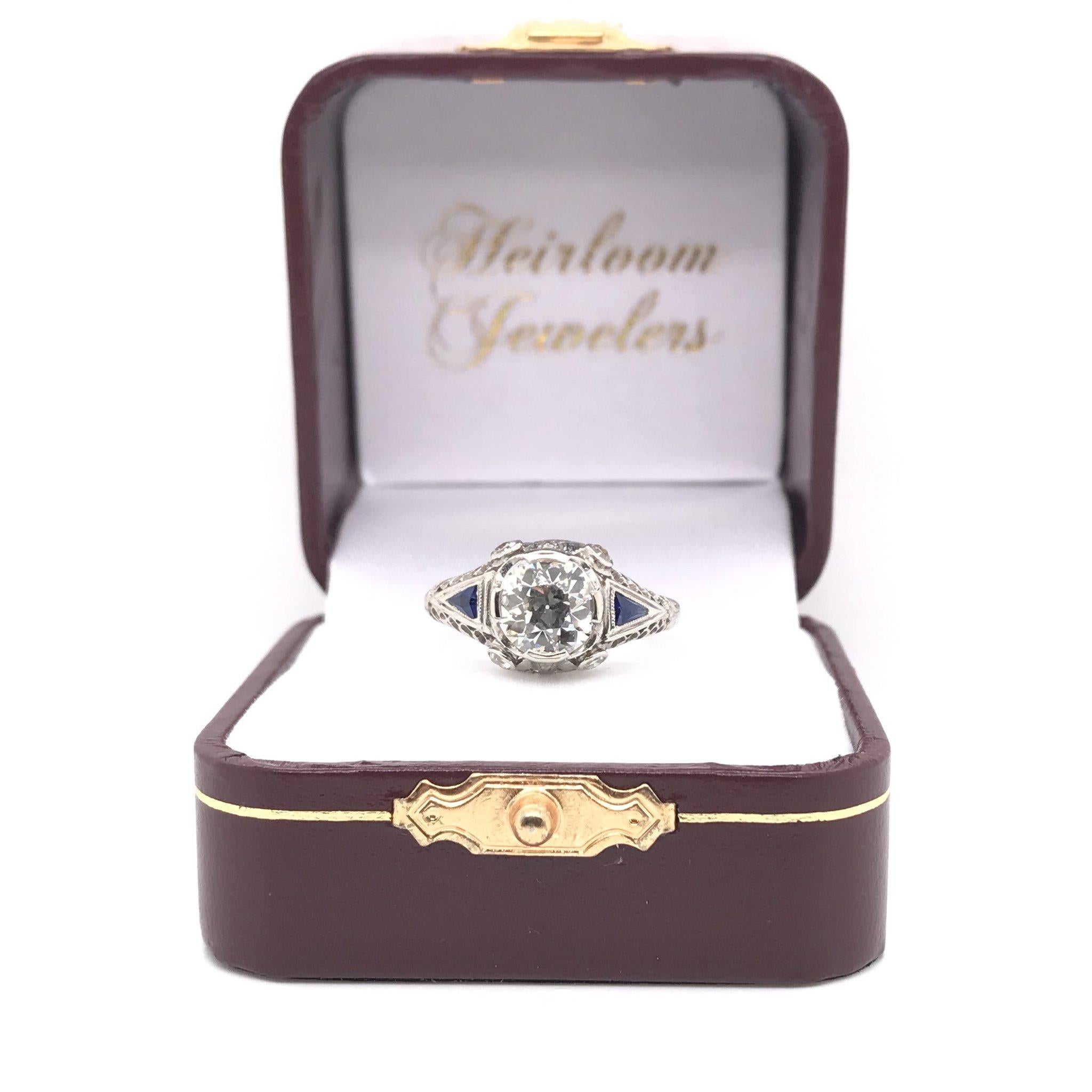 Art Deco 1.59 Carat Diamond & Sapphire Platinum Engagement Ring 2