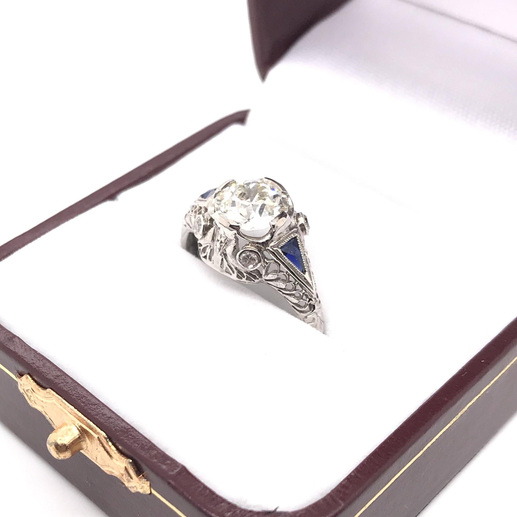 Art Deco 1.59 Carat Diamond & Sapphire Platinum Engagement Ring 3