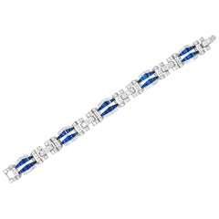 Art Deco 15.91 Diamond Sapphire Platinum Geometric Dimensional Link Bracelet