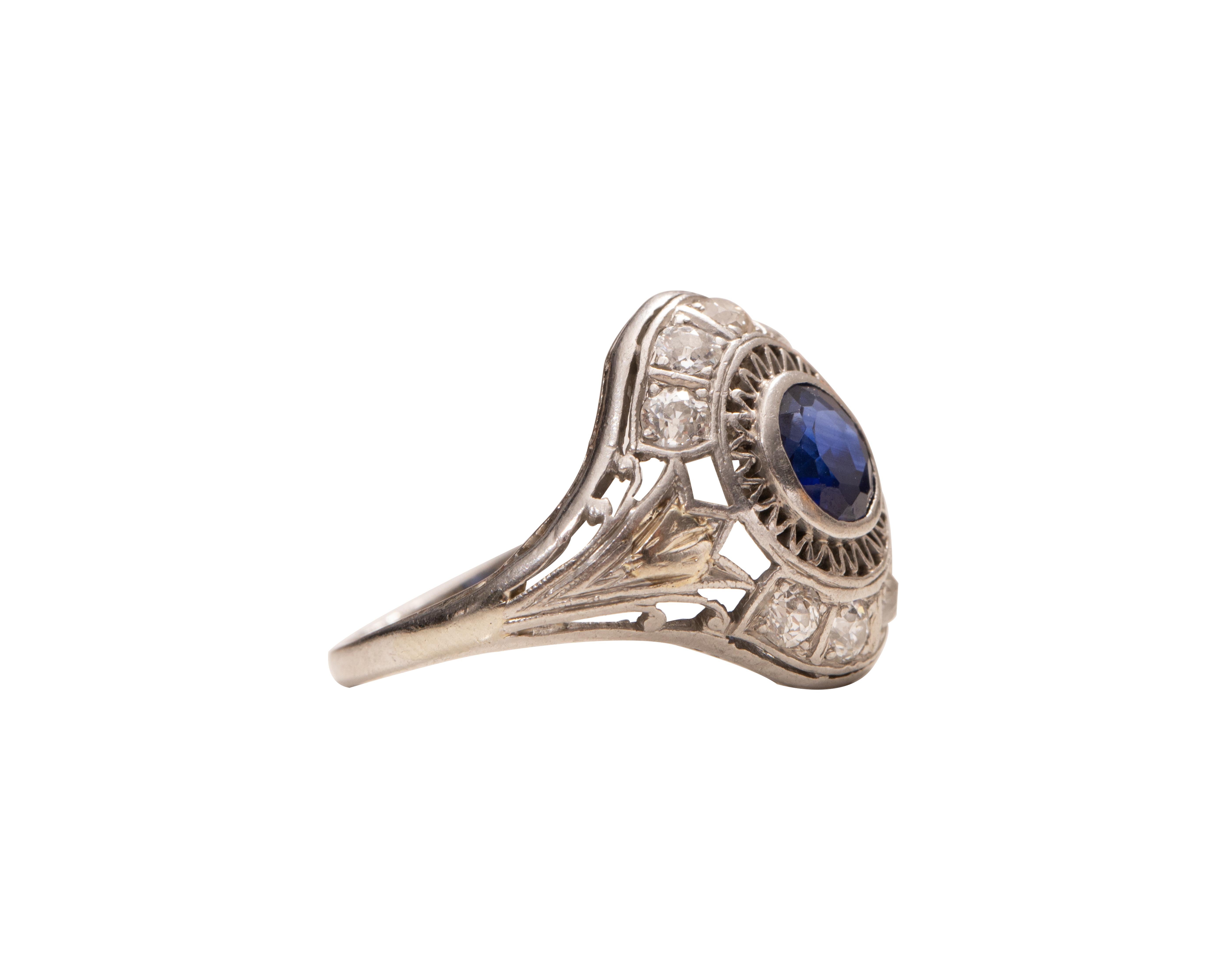 Art Deco 1.5ctw Blue Sapphire & Old European Cut Platinum Filigree Cocktail Ring 1