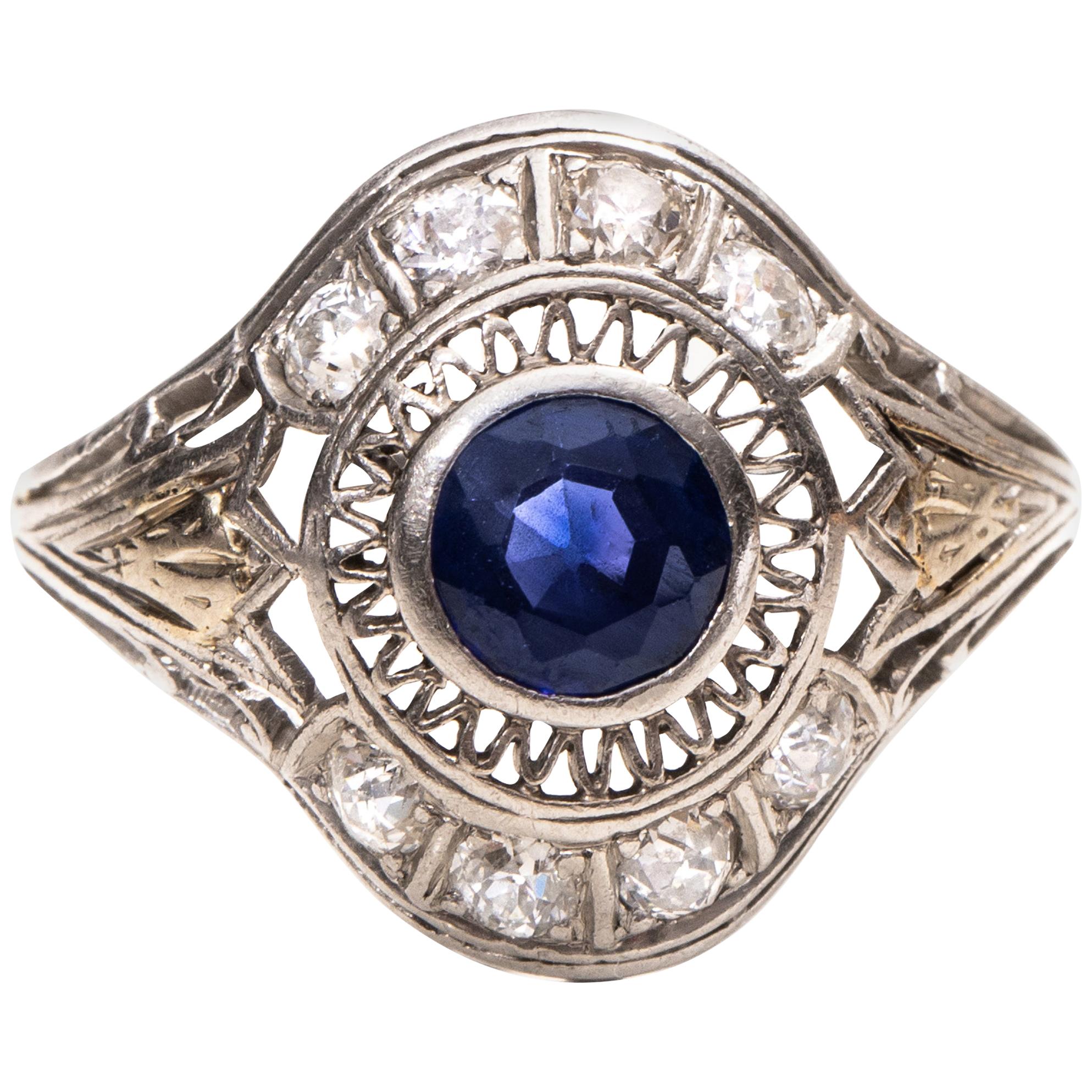 Art Deco 1.5ctw Blue Sapphire & Old European Cut Platinum Filigree Cocktail Ring