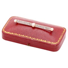 Art Deco 15K Gold & Platinum Pearl and 1.37ctw Old Cut Diamond Brooch, in Case
