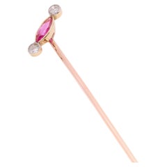 Art Deco 15K Yellow Gold & Platinum Ruby and Diamond Stick Pin