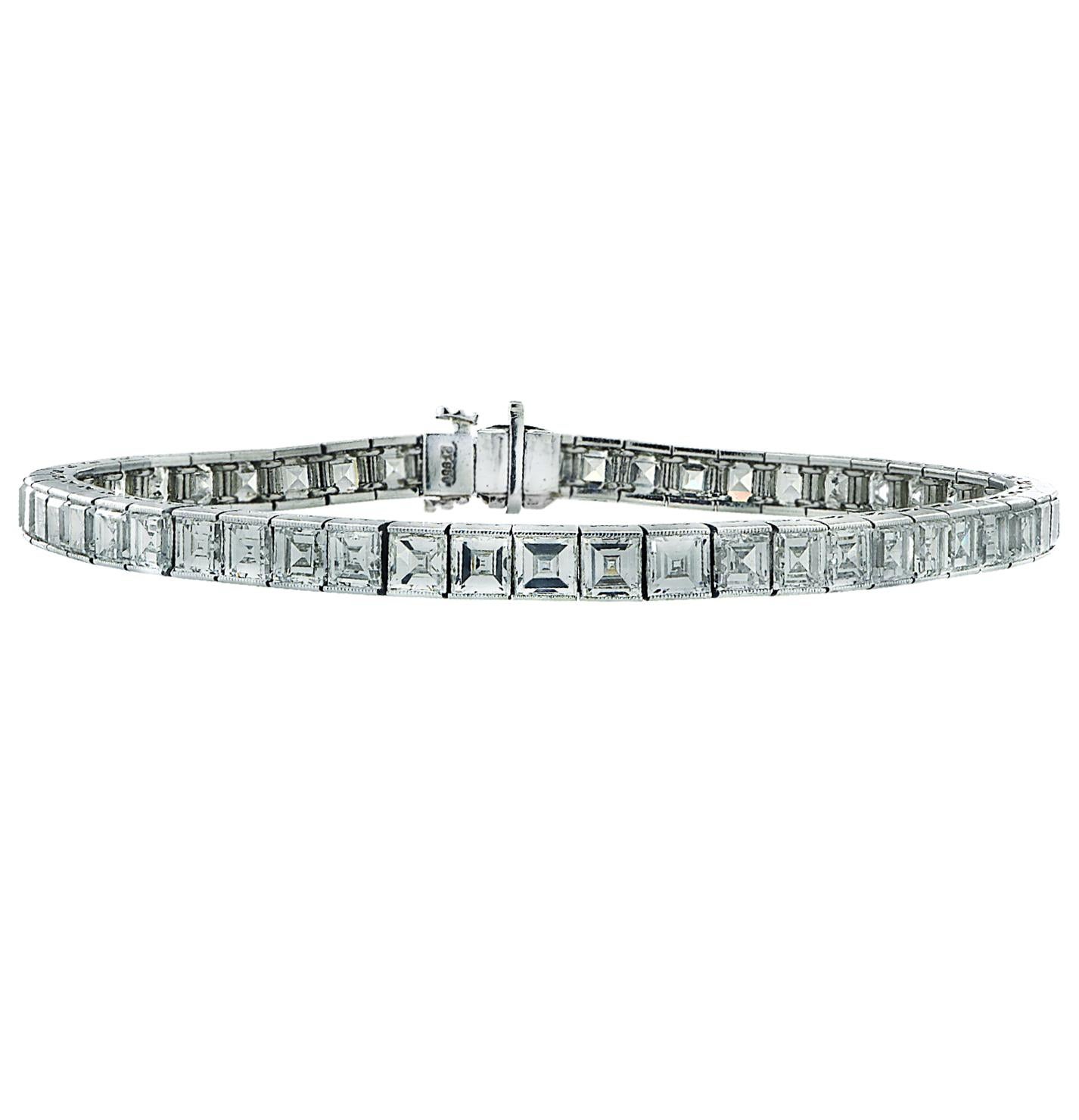 French Cut Art Deco 16 Carat Carre' Cut Diamond Tennis Bracelet