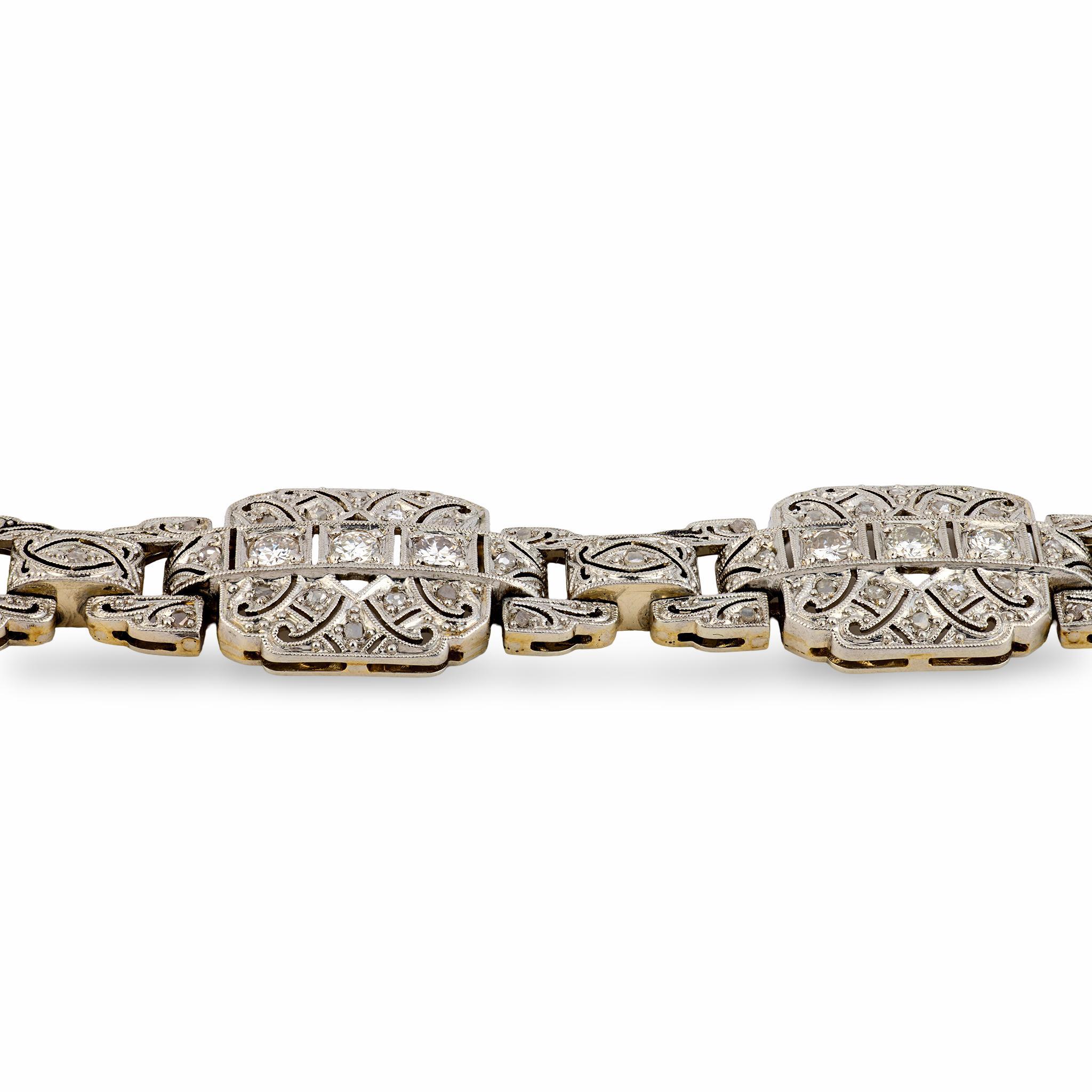 Pulsera Art Déco de oro blanco de 18 quilates y 1,60 quilates de diamantes Art Decó en venta