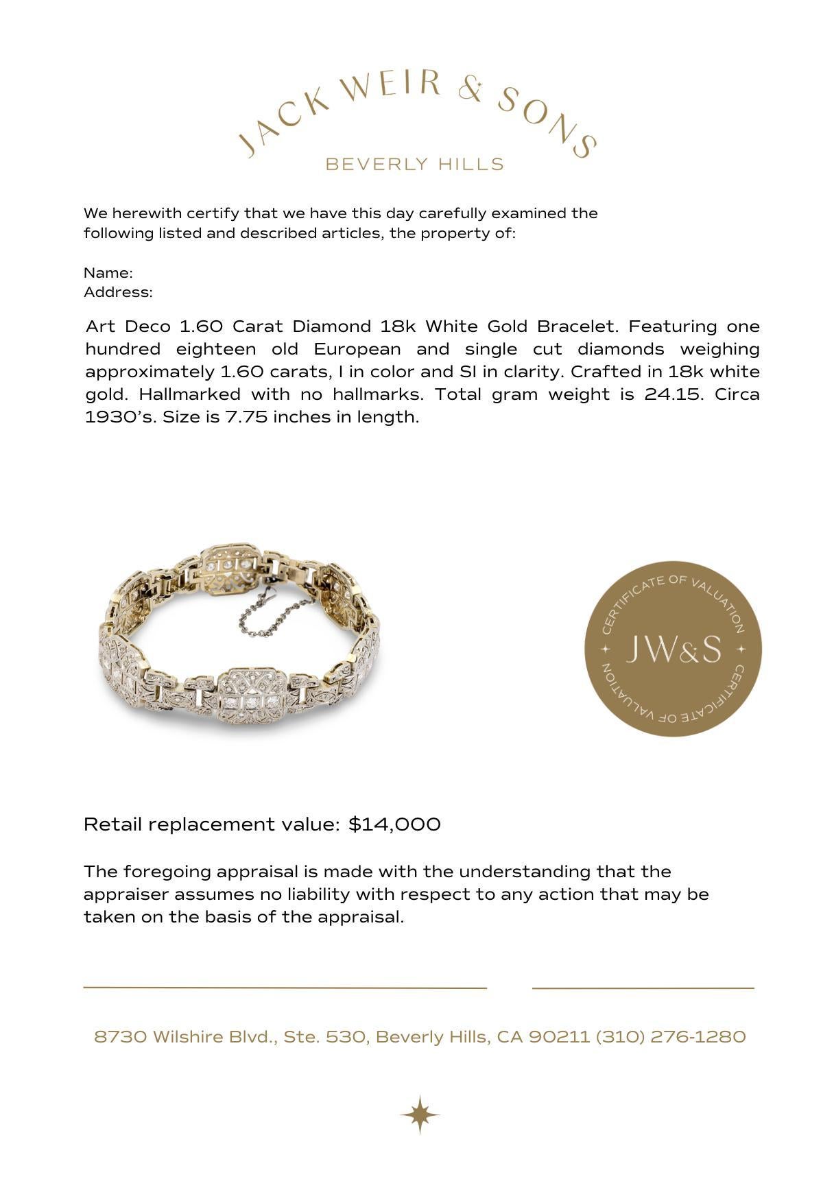 Pulsera Art Déco de oro blanco de 18 quilates y 1,60 quilates de diamantes en venta 1