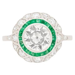 Antique Art Deco 1.60 Carat Diamond and Emerald Target Ring, circa 1920s