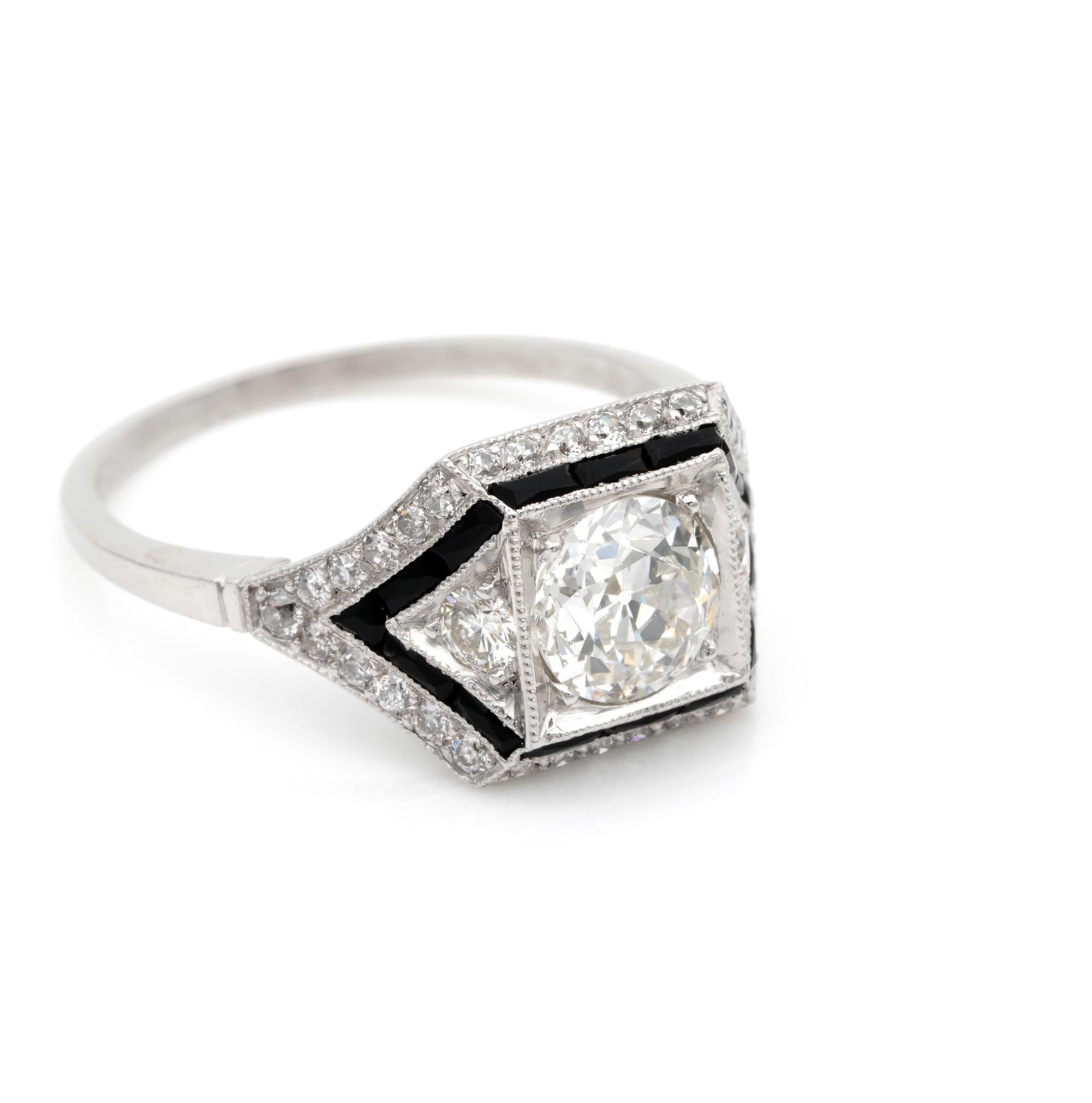 Old European Cut Art Deco 1.60 Carat Diamond Onyx Insert Platinum Solitaire Ring For Sale